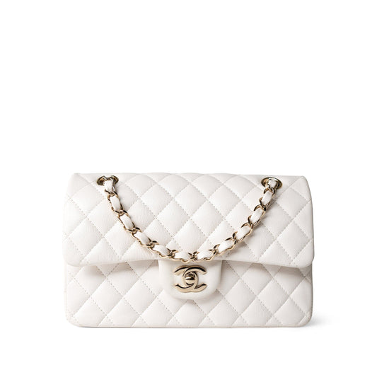 21S White Caviar Quilted Classic Flap Small Light Gold Hardware