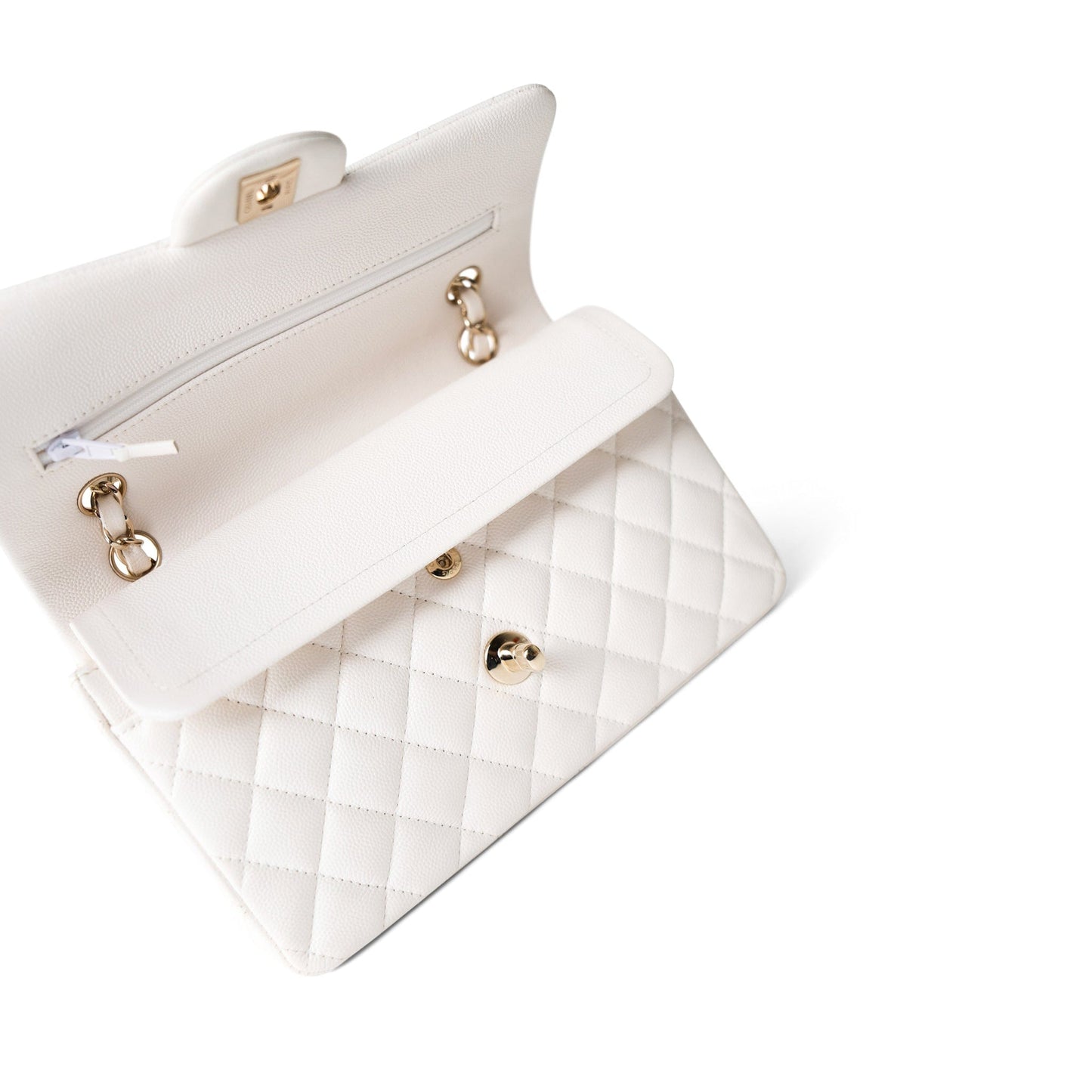 21S White Caviar Quilted Classic Flap Small Light Gold Hardware