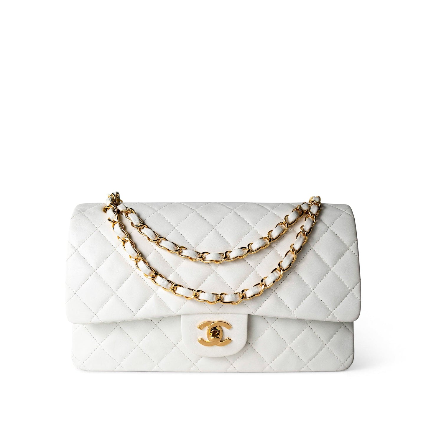 Vintage White Lambskin Quilted Classic Flap Medium Gold Hardware