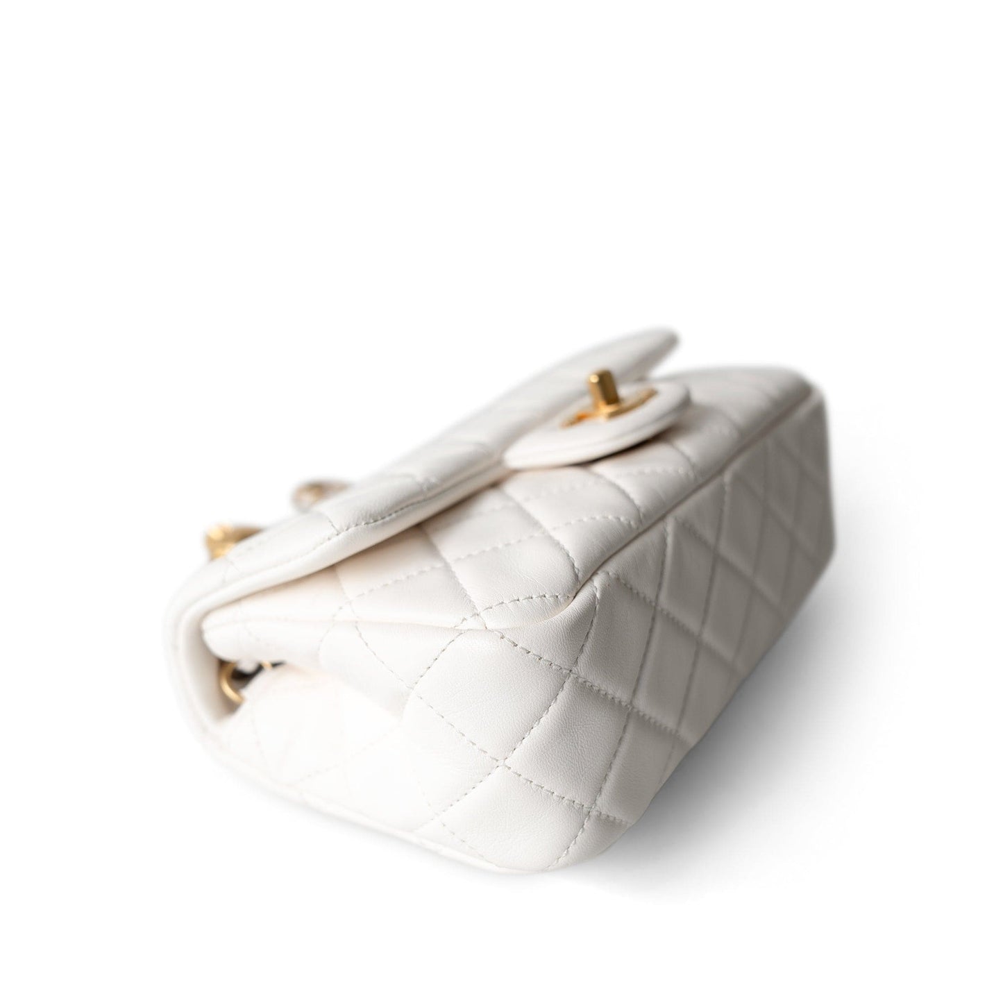 21B White Lambskin Quilted Mini Rectangular Pearl Crush Antique Gold Hardware
