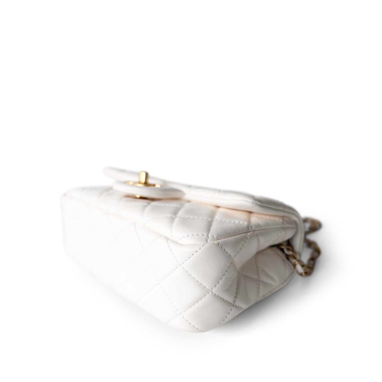 21B White Lambskin Quilted Mini Rectangular Pearl Crush Antique Gold Hardware