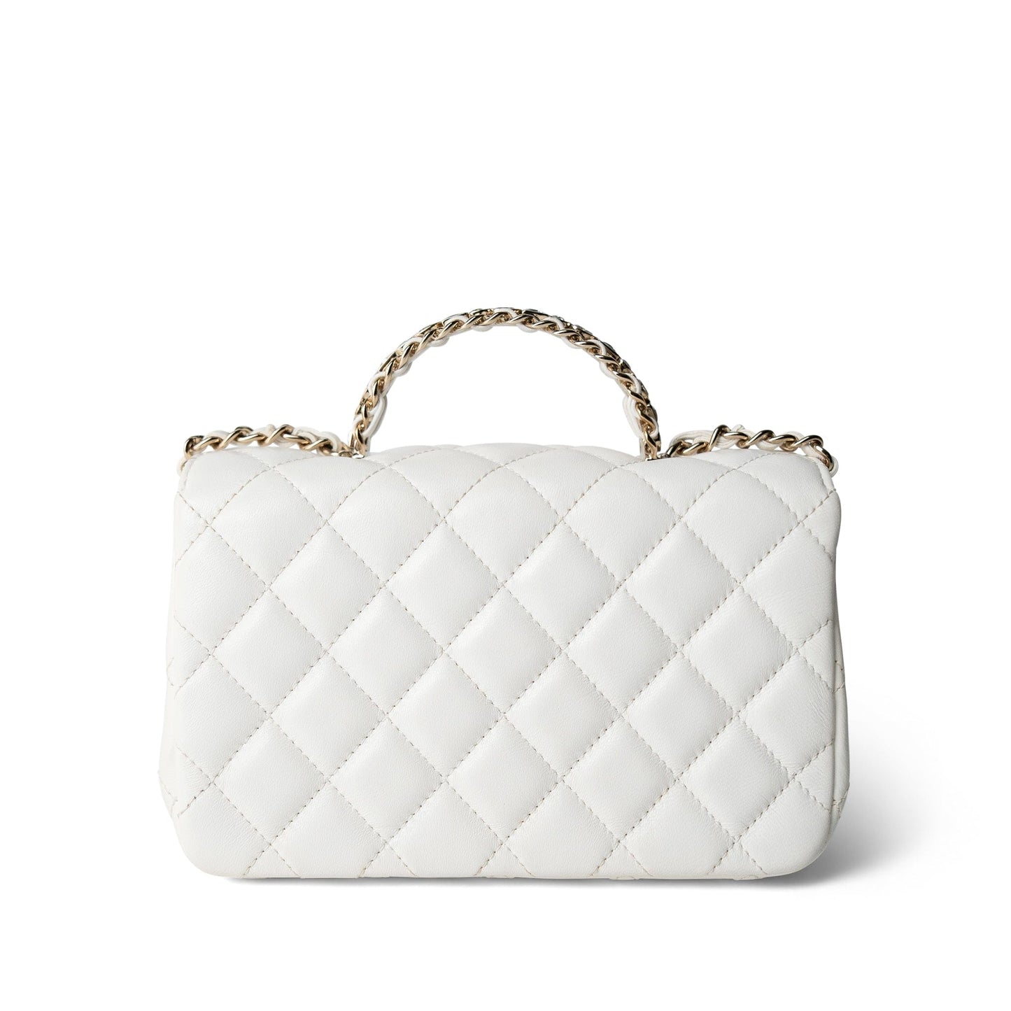 White Lambskin Quilted Crystal Top Handle Flap Light Gold Hardware