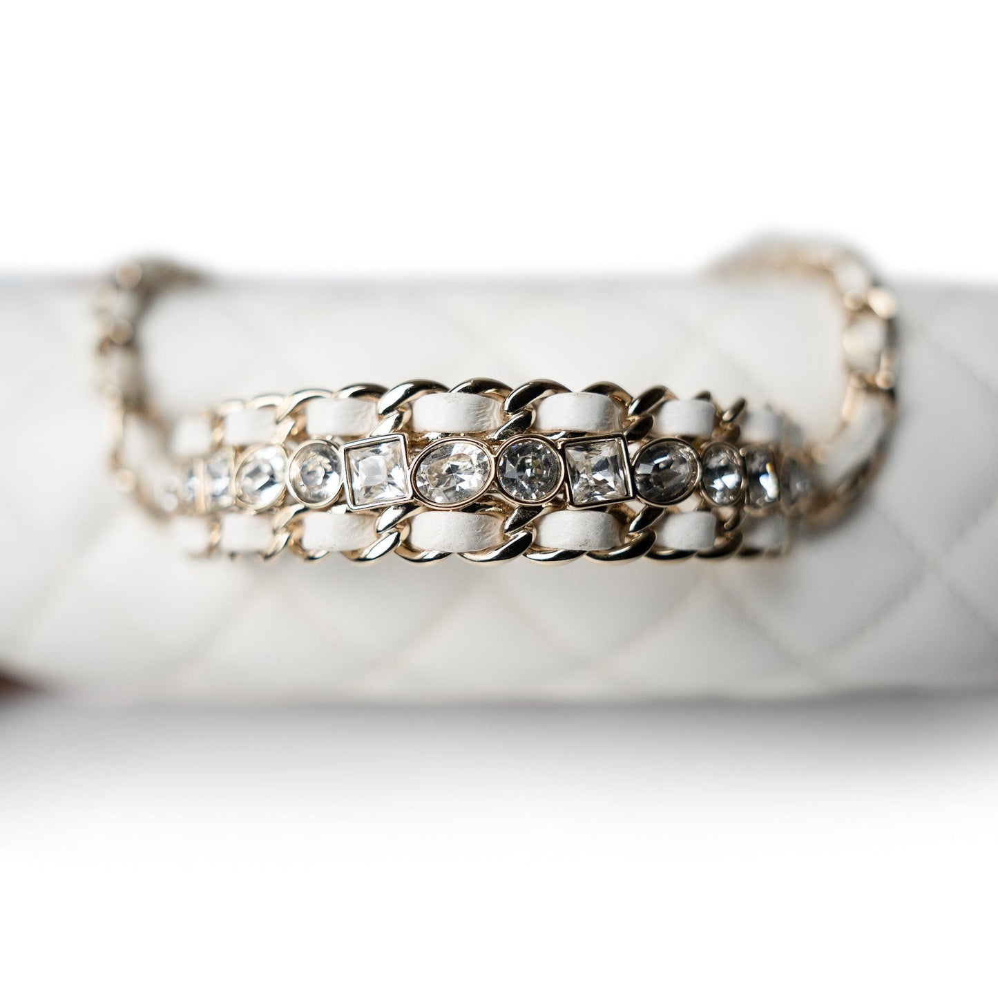 White Lambskin Quilted Crystal Top Handle Flap Light Gold Hardware