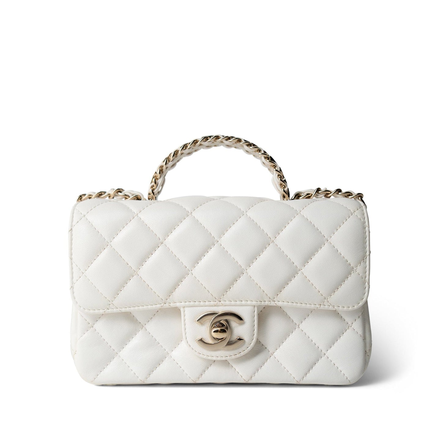 White Lambskin Quilted Crystal Top Handle Flap Light Gold Hardware