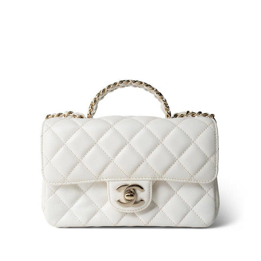 White Lambskin Quilted Crystal Top Handle Flap Light Gold Hardware