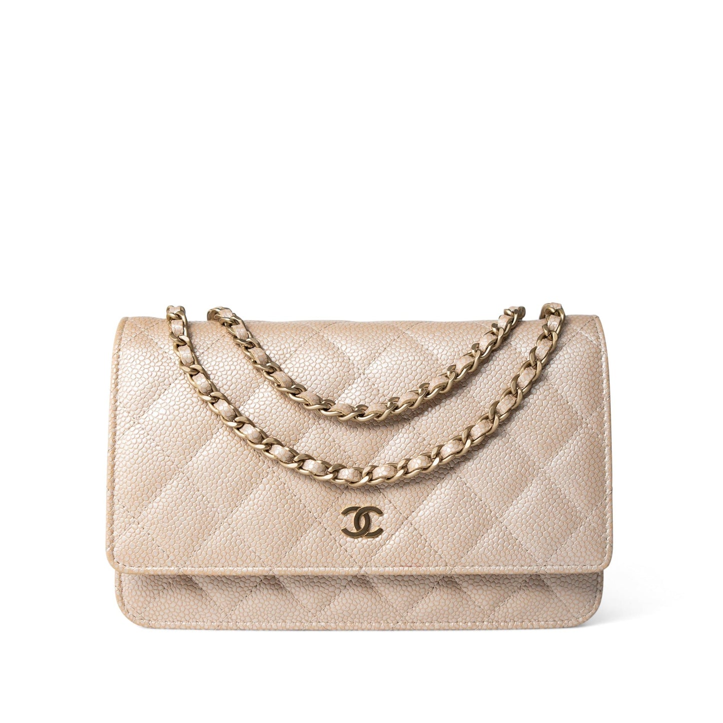 12P Pearly Beige Caviar Quilted Wallet on Chain WOC