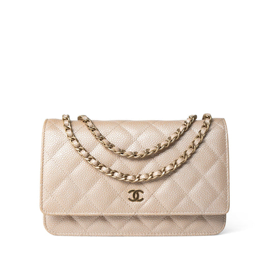 12P Pearly Beige Caviar Quilted Wallet on Chain WOC