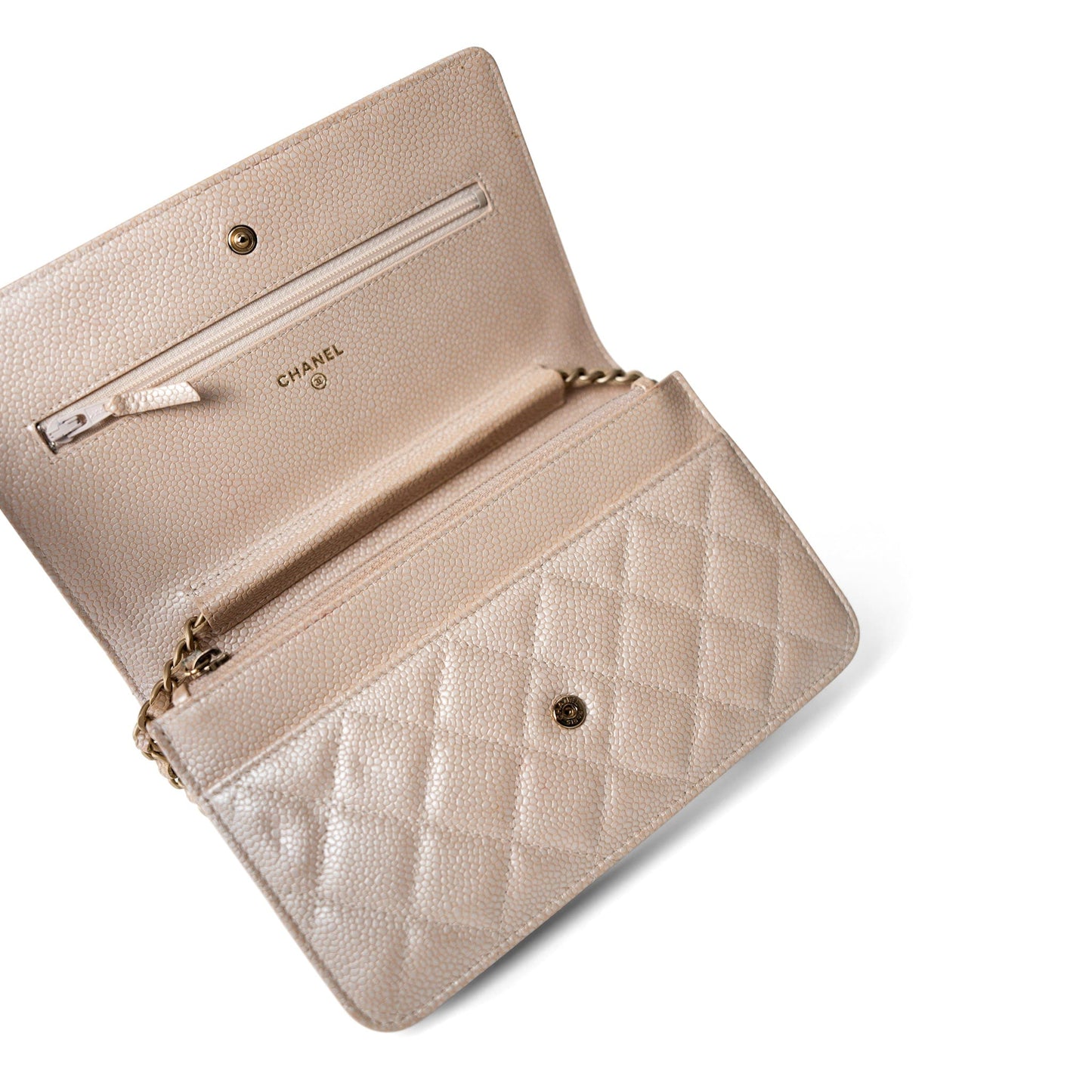 12P Pearly Beige Caviar Quilted Wallet on Chain WOC