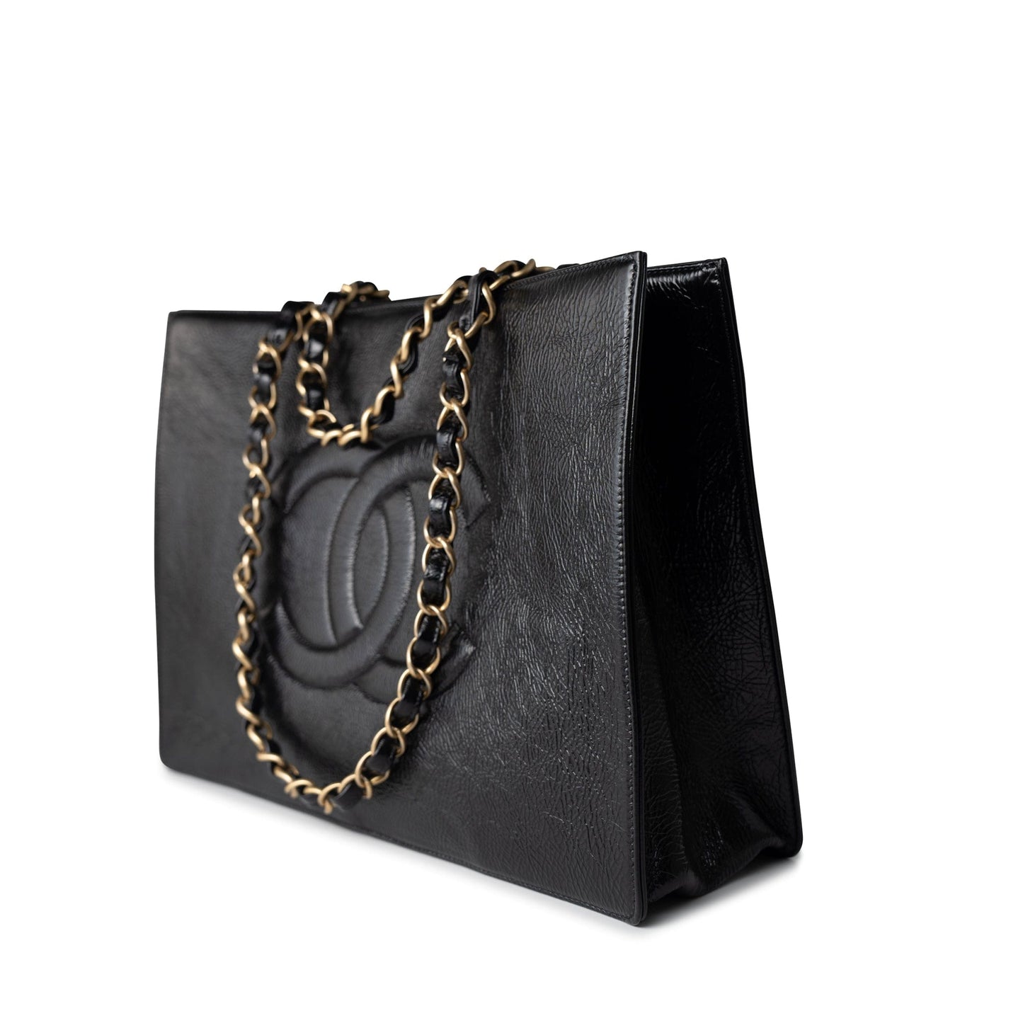 20A Large Black Leather Shopping Tote Antique Gold Hardware