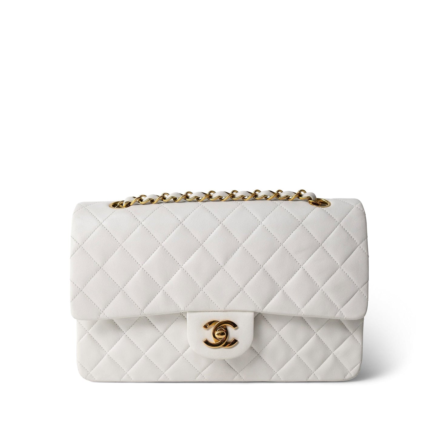 White Lambskin Quilted Medium Classic Flap Gold Hardware