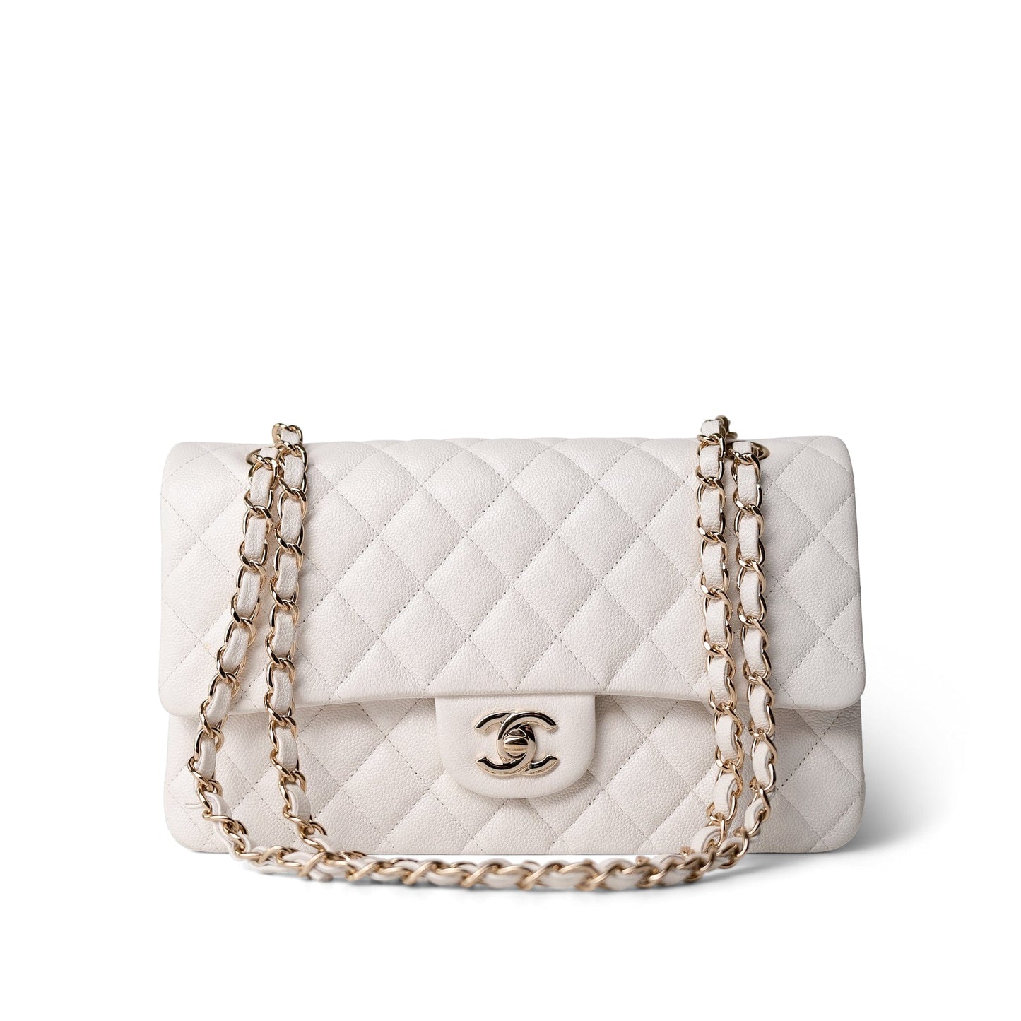 White Caviar Quilted Medium Classic Flap Light Gold Hardware
