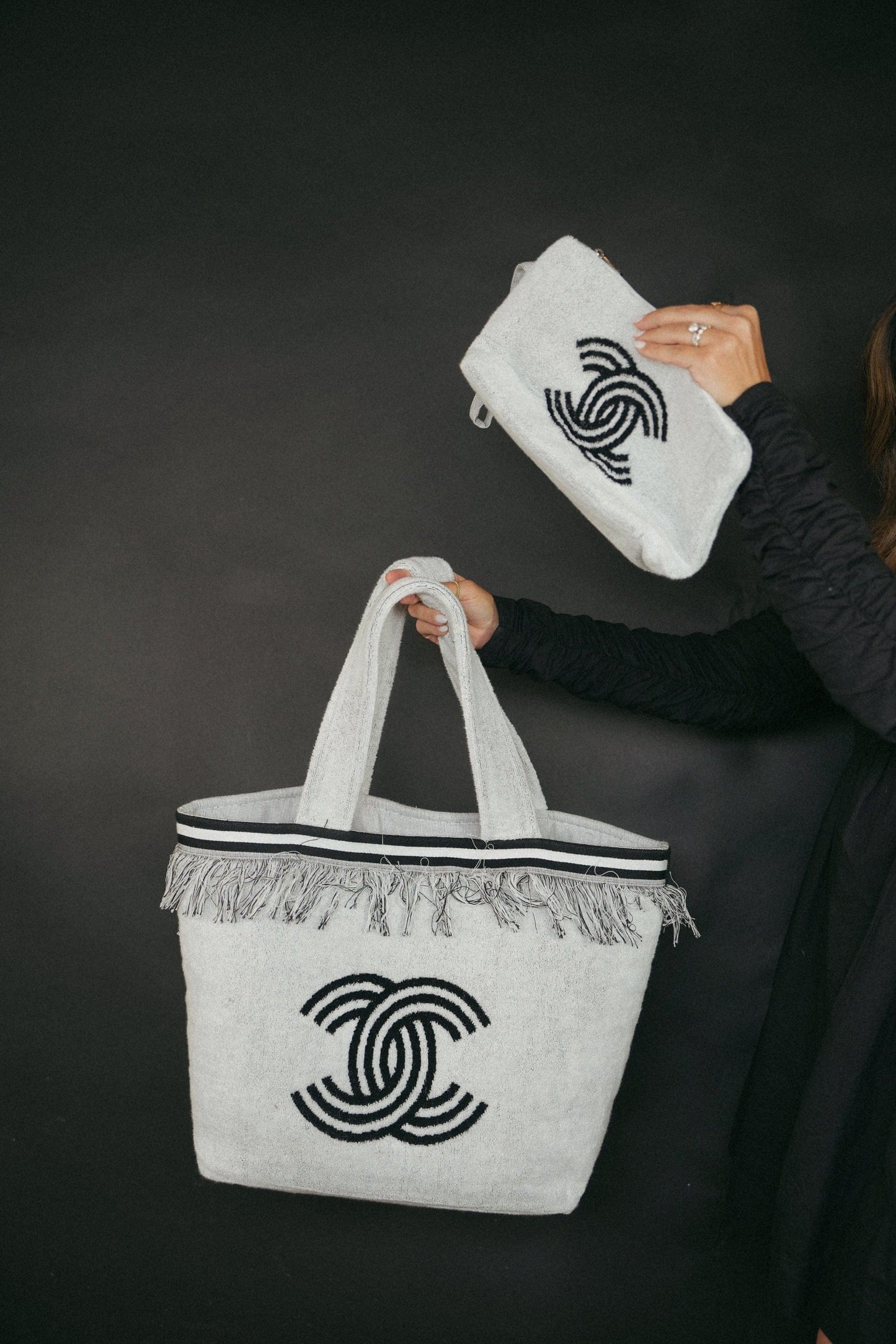 White/Black Terry Cloth Quilted CC Beach Tote with Towel Set