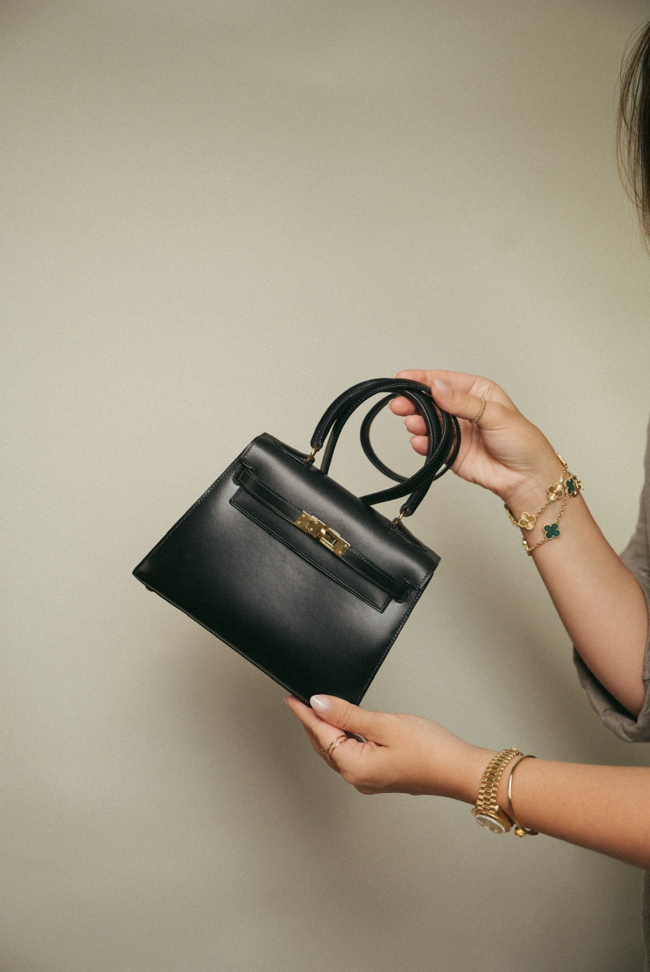 Vintage Mini Kelly Black Box Calfskin Gold Plated (U) Stamp