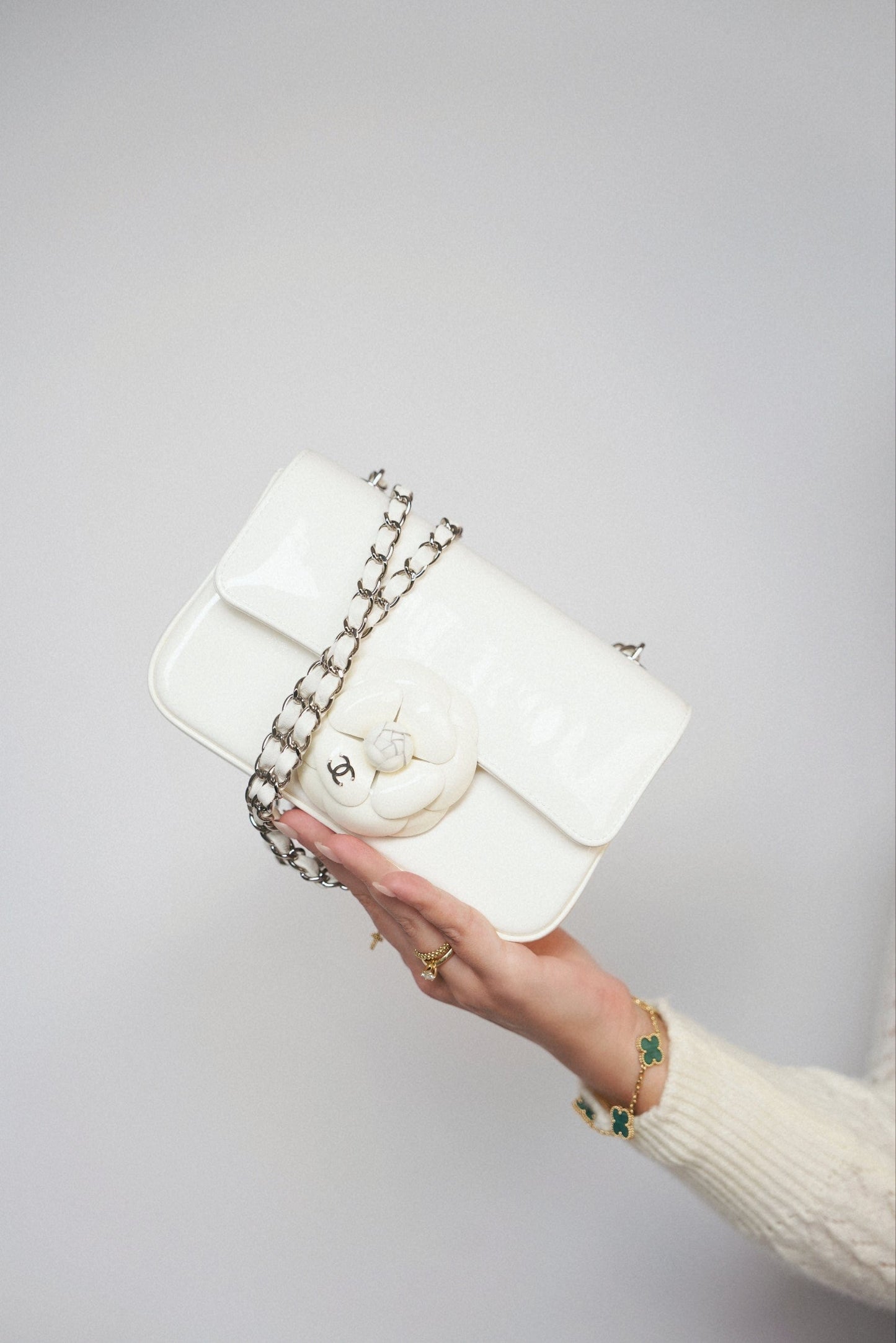 White Patent Camellia Single Flap Bag Silver Hardware