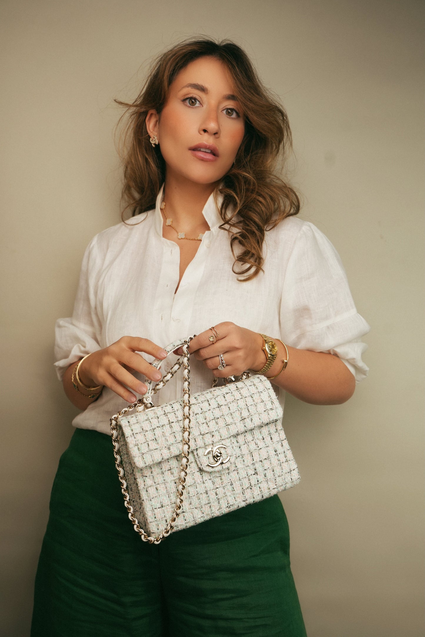 White/Multicolor Sequin Tweed Quilted Top Handle Flap Bag On Chain