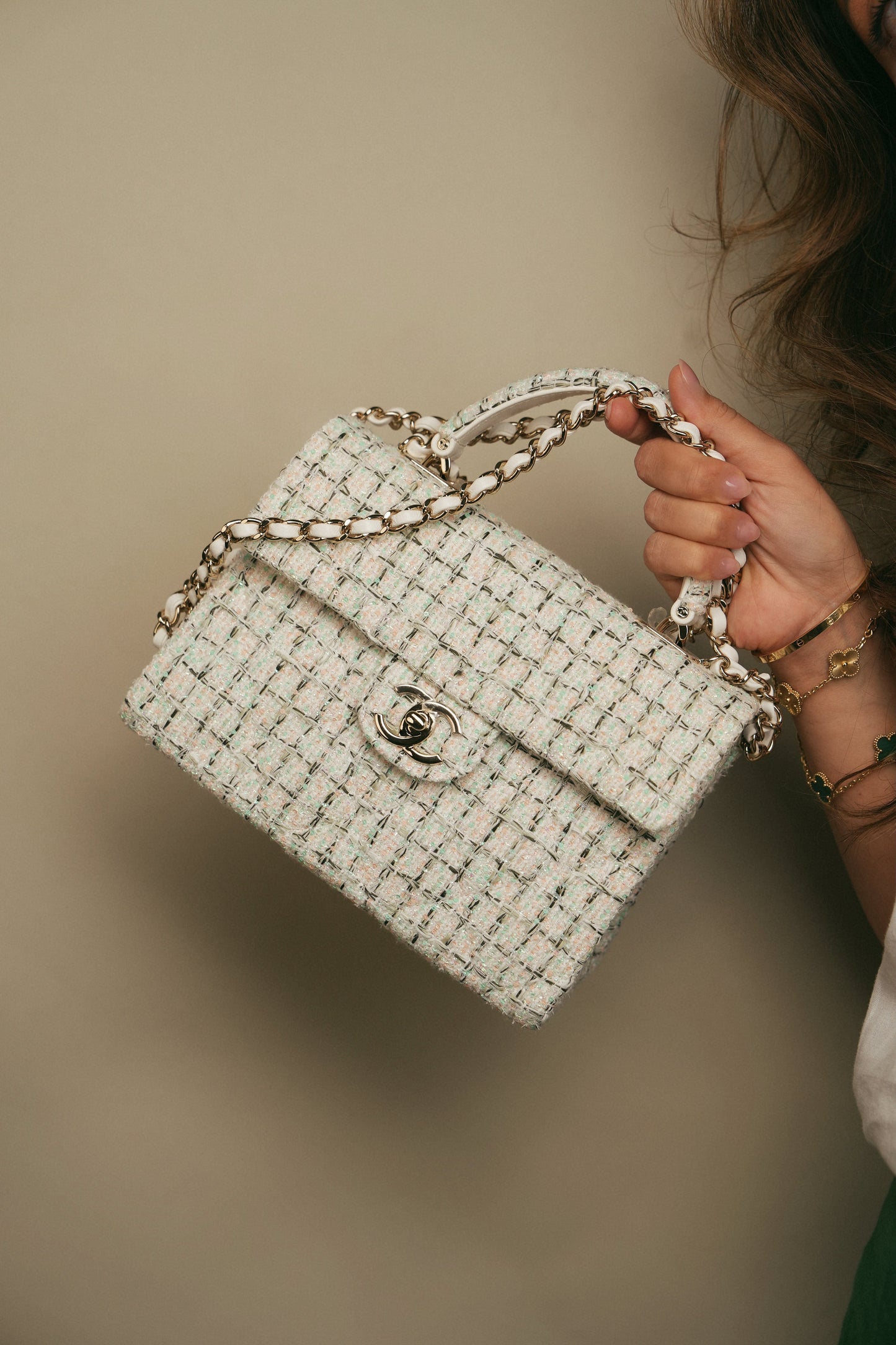 White/Multicolor Sequin Tweed Quilted Top Handle Flap Bag On Chain