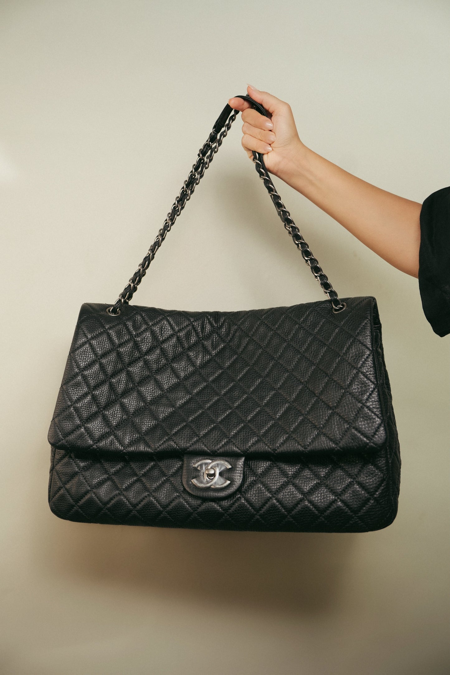 20A Black Grained Calfskin XXL Travel Flap Bag Ruthenium Hardware