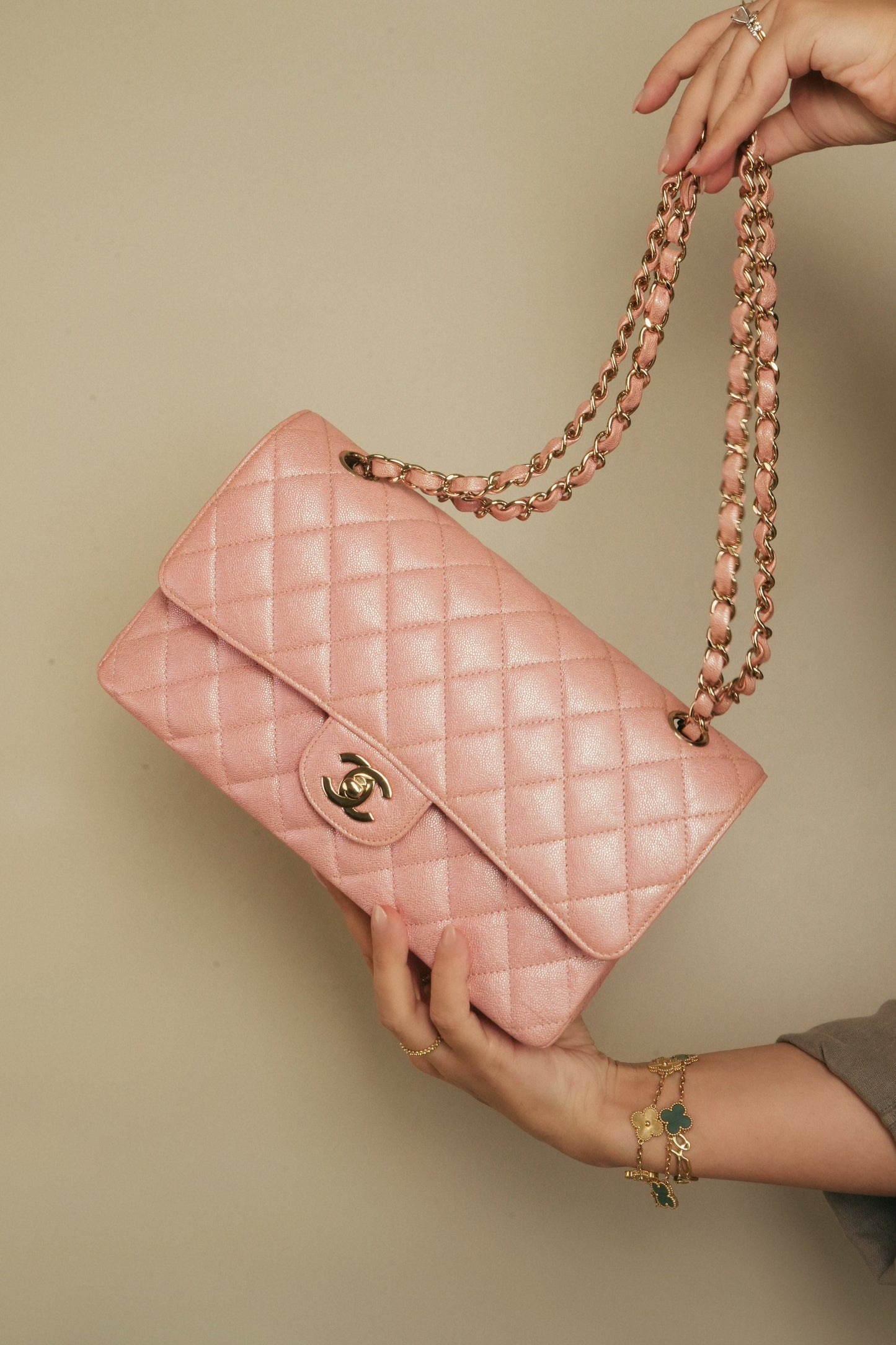19S Iridescent Pink Caviar Quilted Classic Flap Medium LGHW