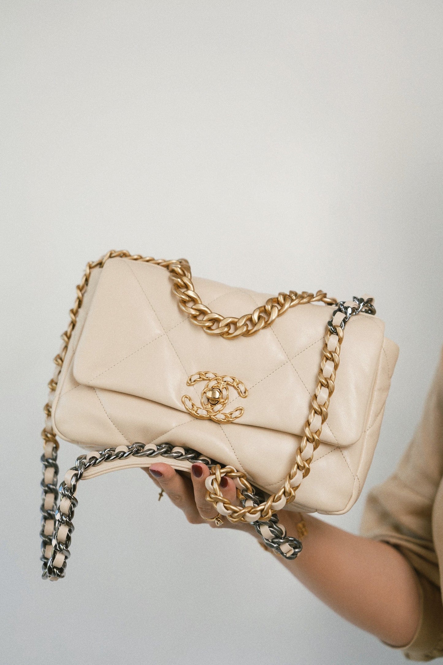 20A Beige Goatskin Quilted 19 Flap Small Mixed Hardware