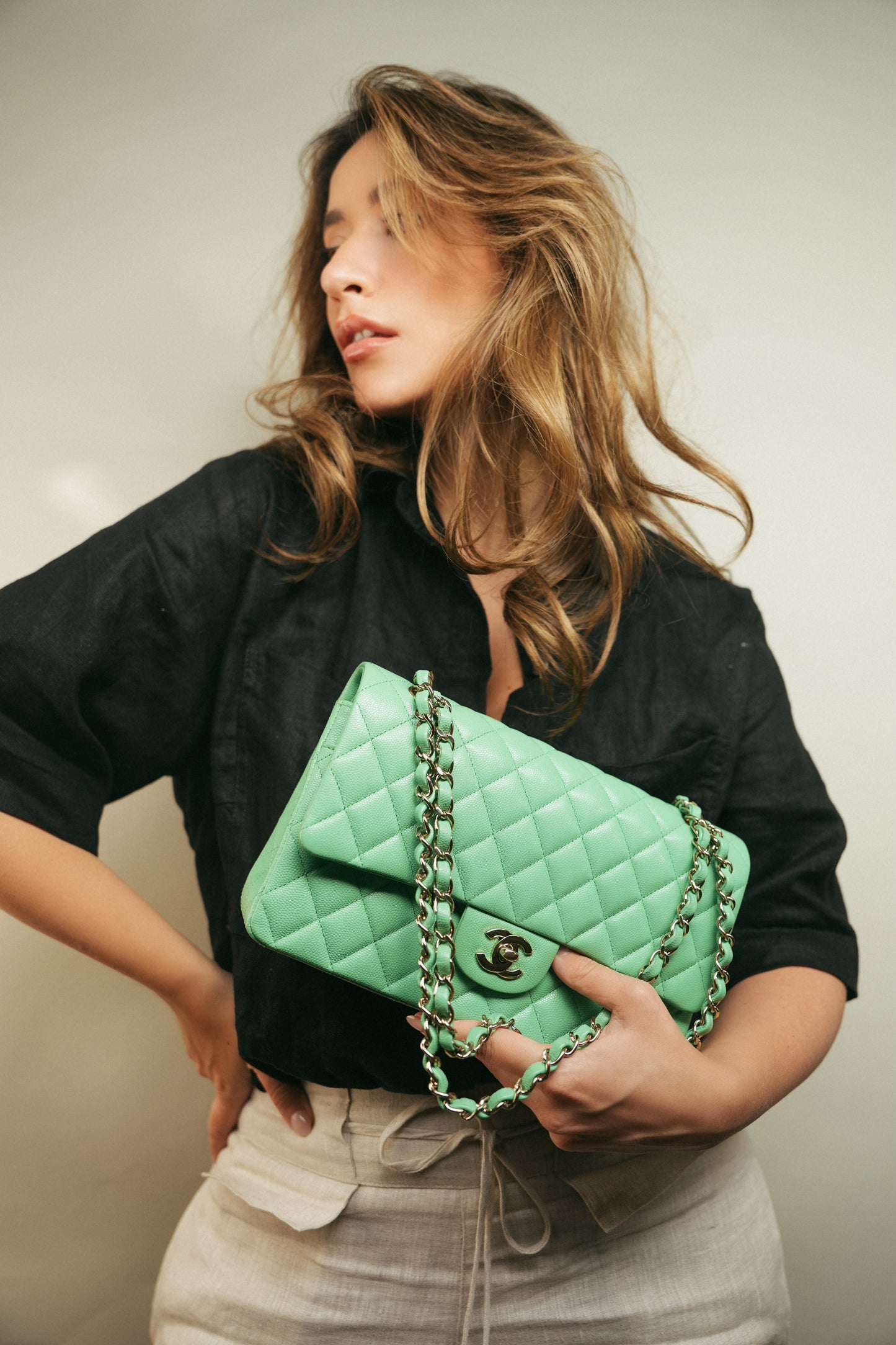 21P Green Caviar Quilted Classic Flap Medium LGHW