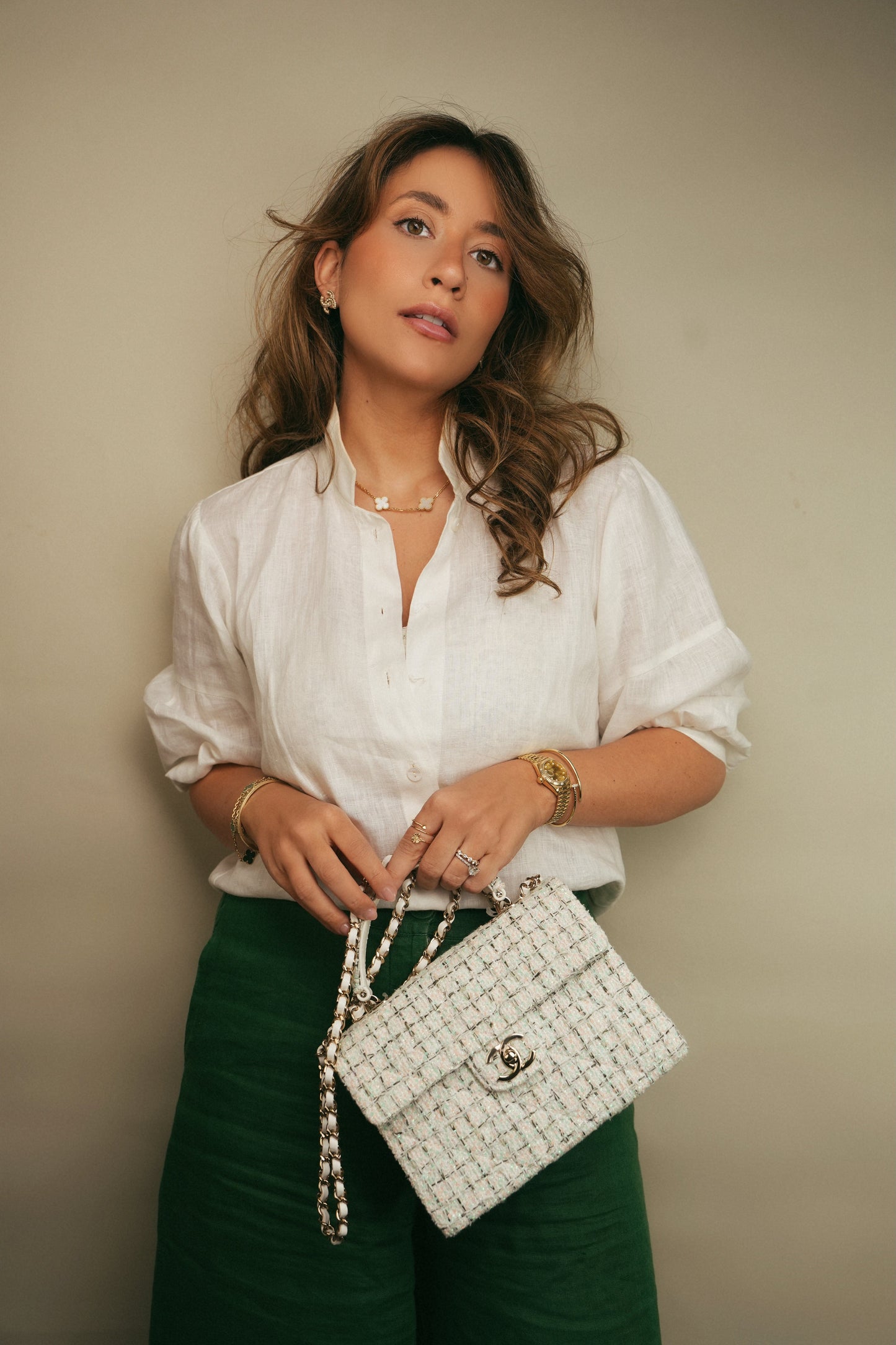 White/Multicolor Sequin Tweed Quilted Top Handle Flap Bag On Chain