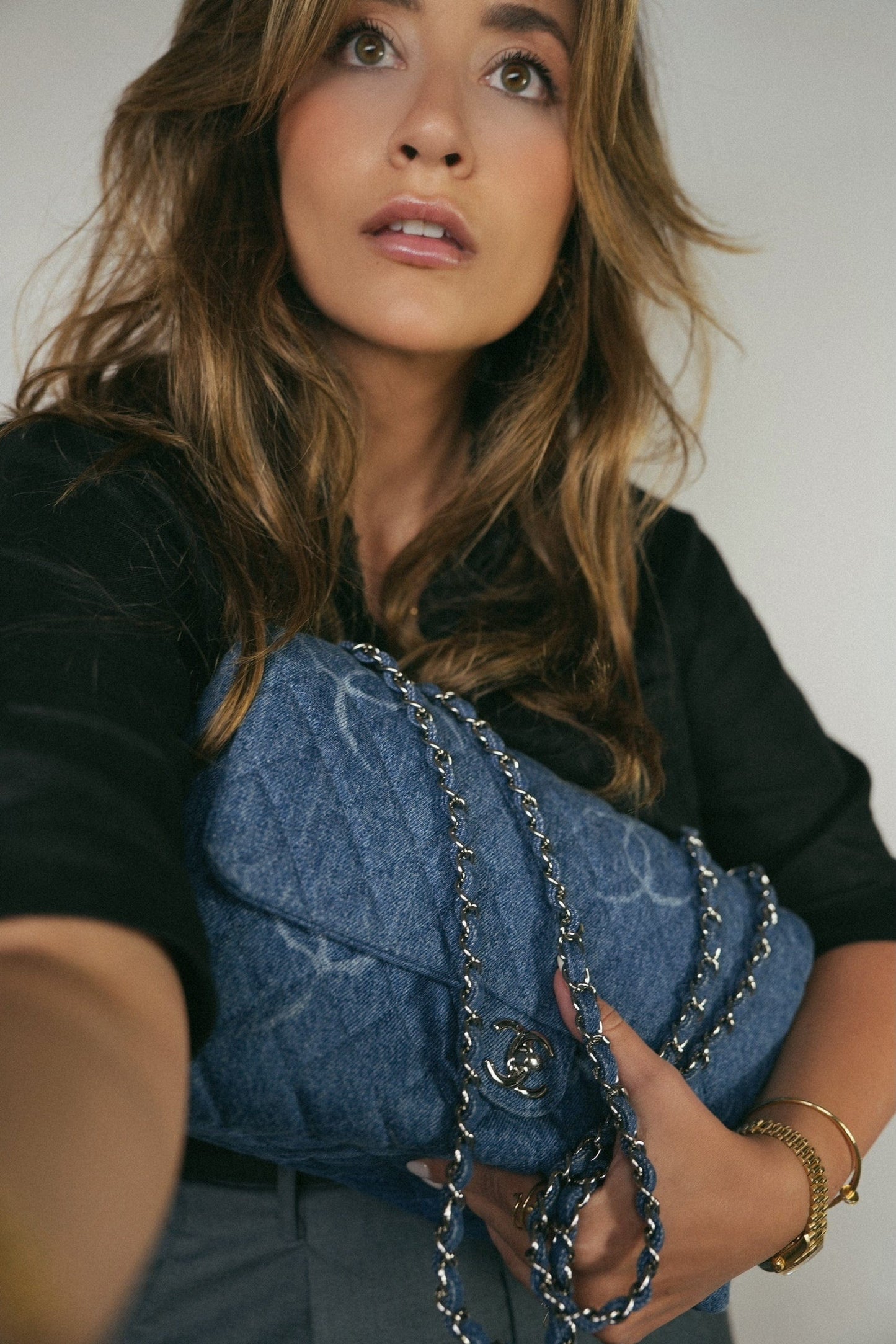 20B Blue Denim Quilted CC Single Flap Jumbo SHW