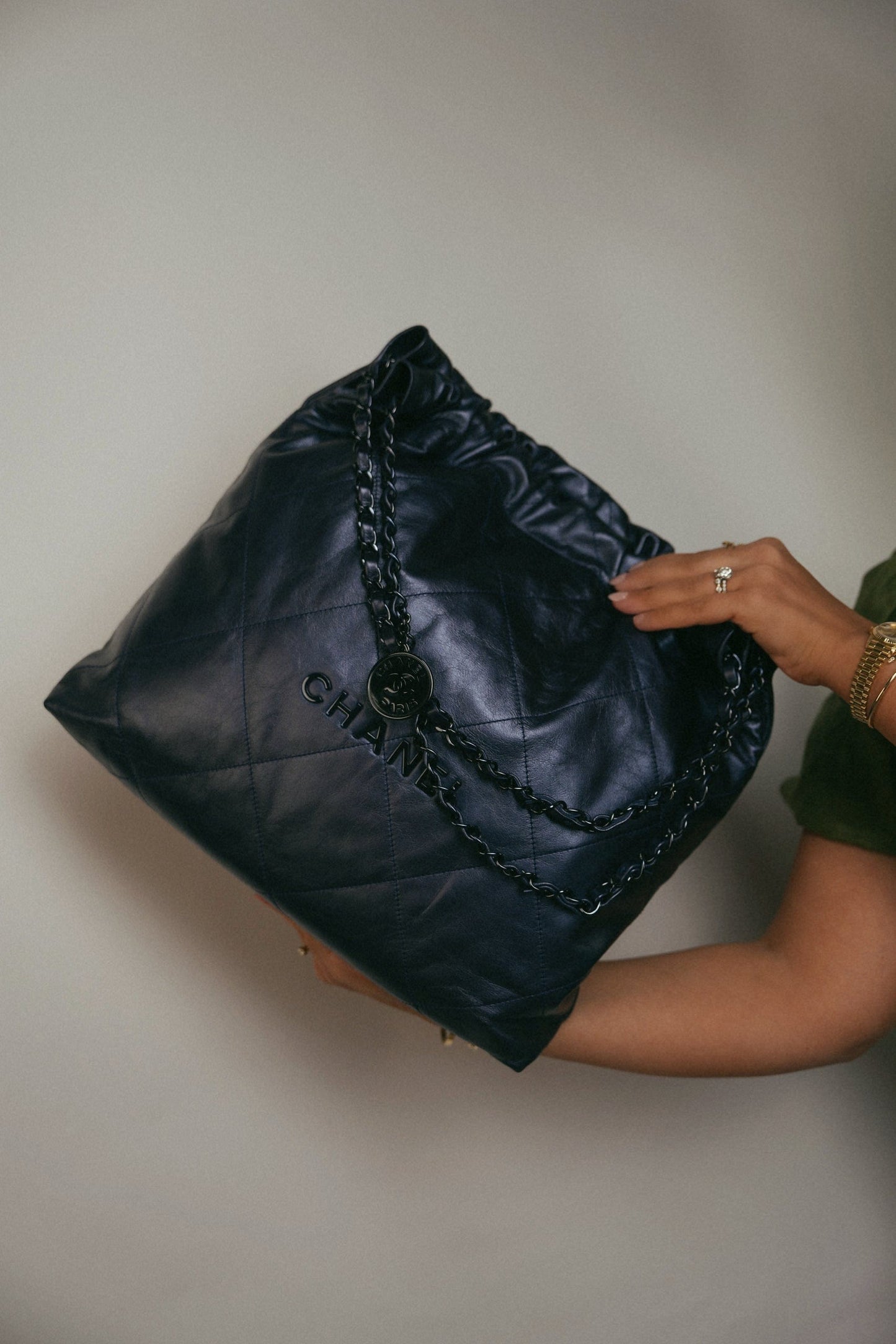 22A Metallic Navy Calfskin Quilted 22 Medium Hobo Bag