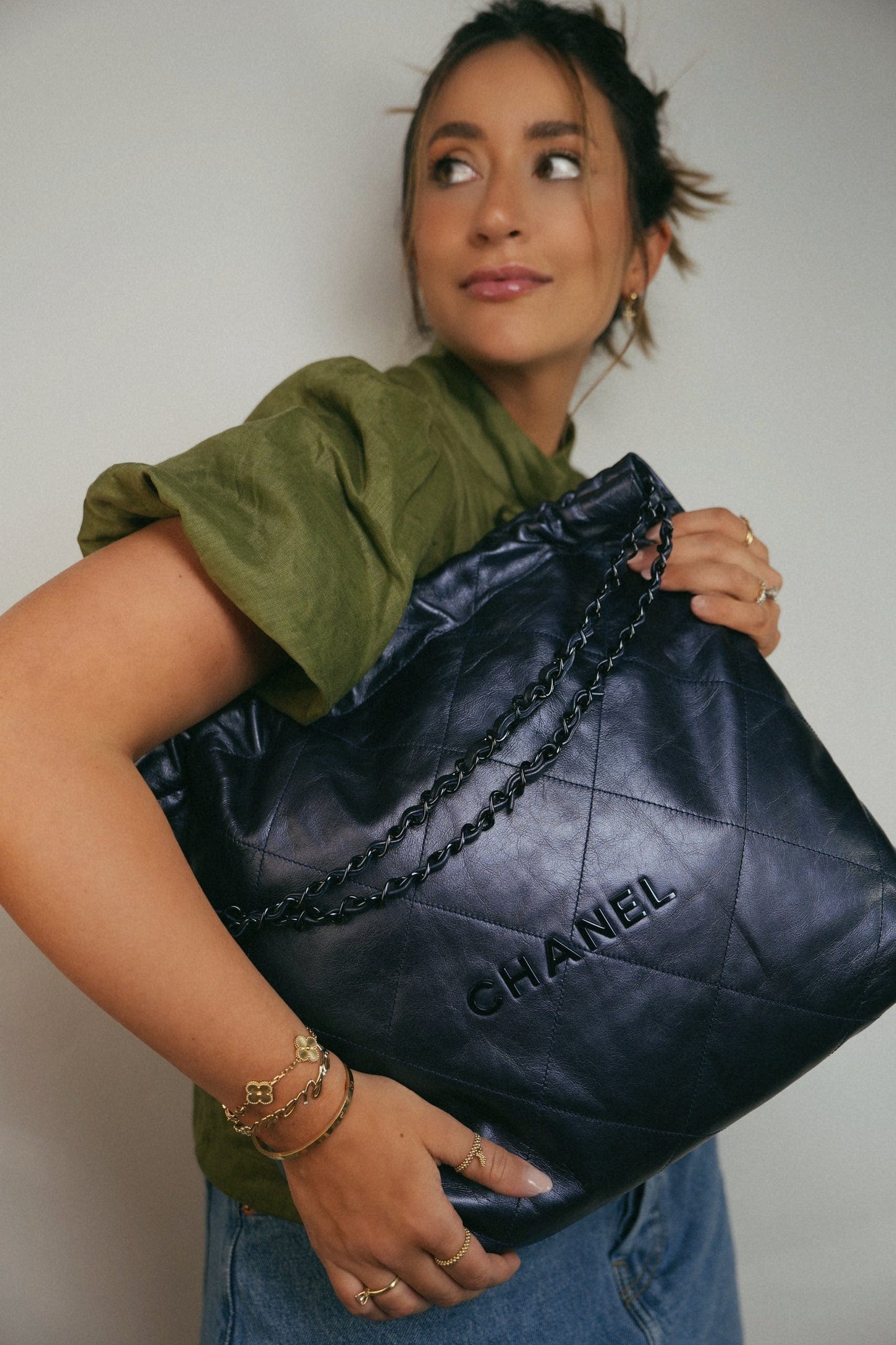 22A Metallic Navy Calfskin Quilted 22 Medium Hobo Bag