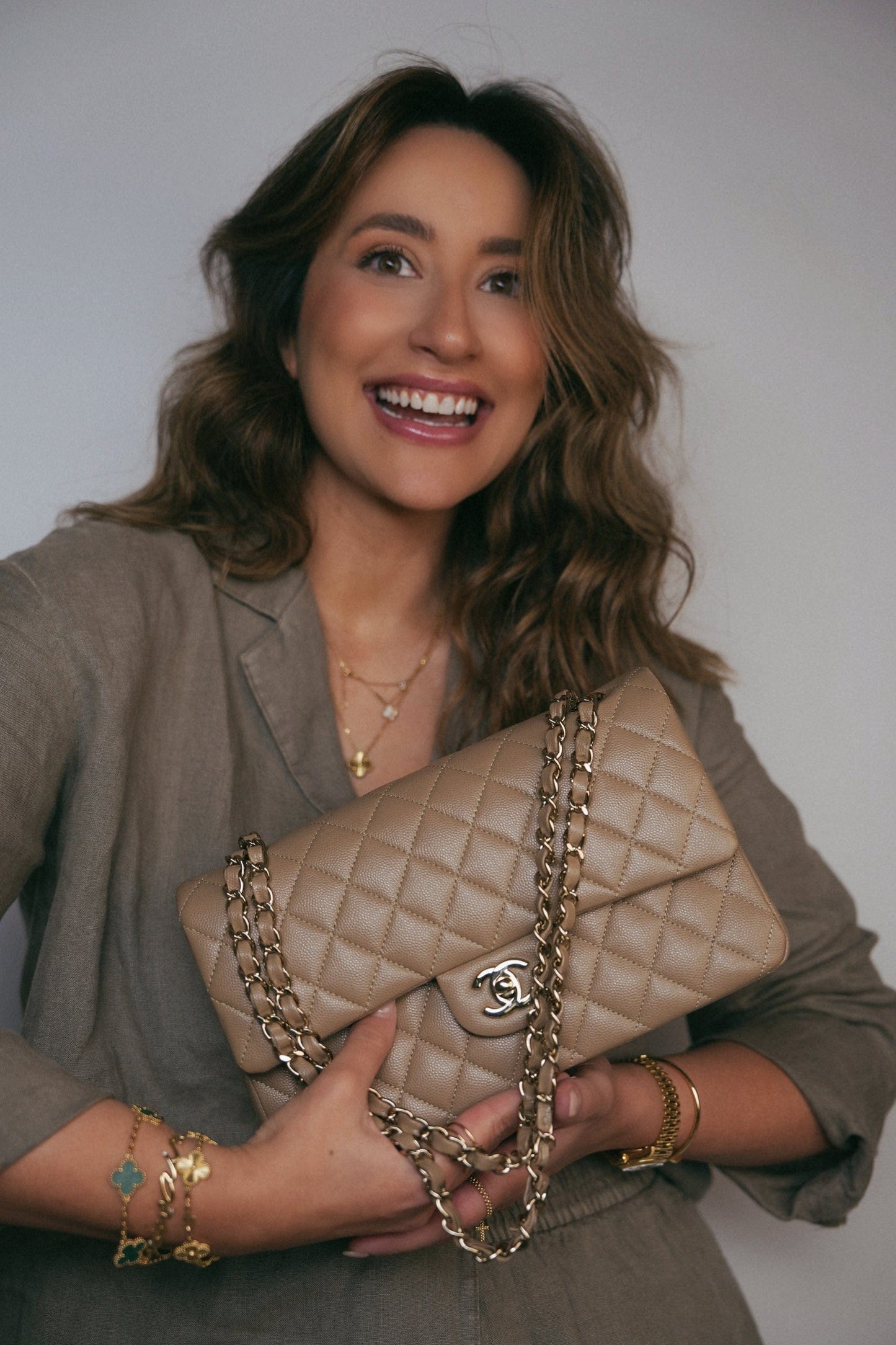 22A Dark Beige Caviar Quilted Medium Classic Flap Light Gold Hardware