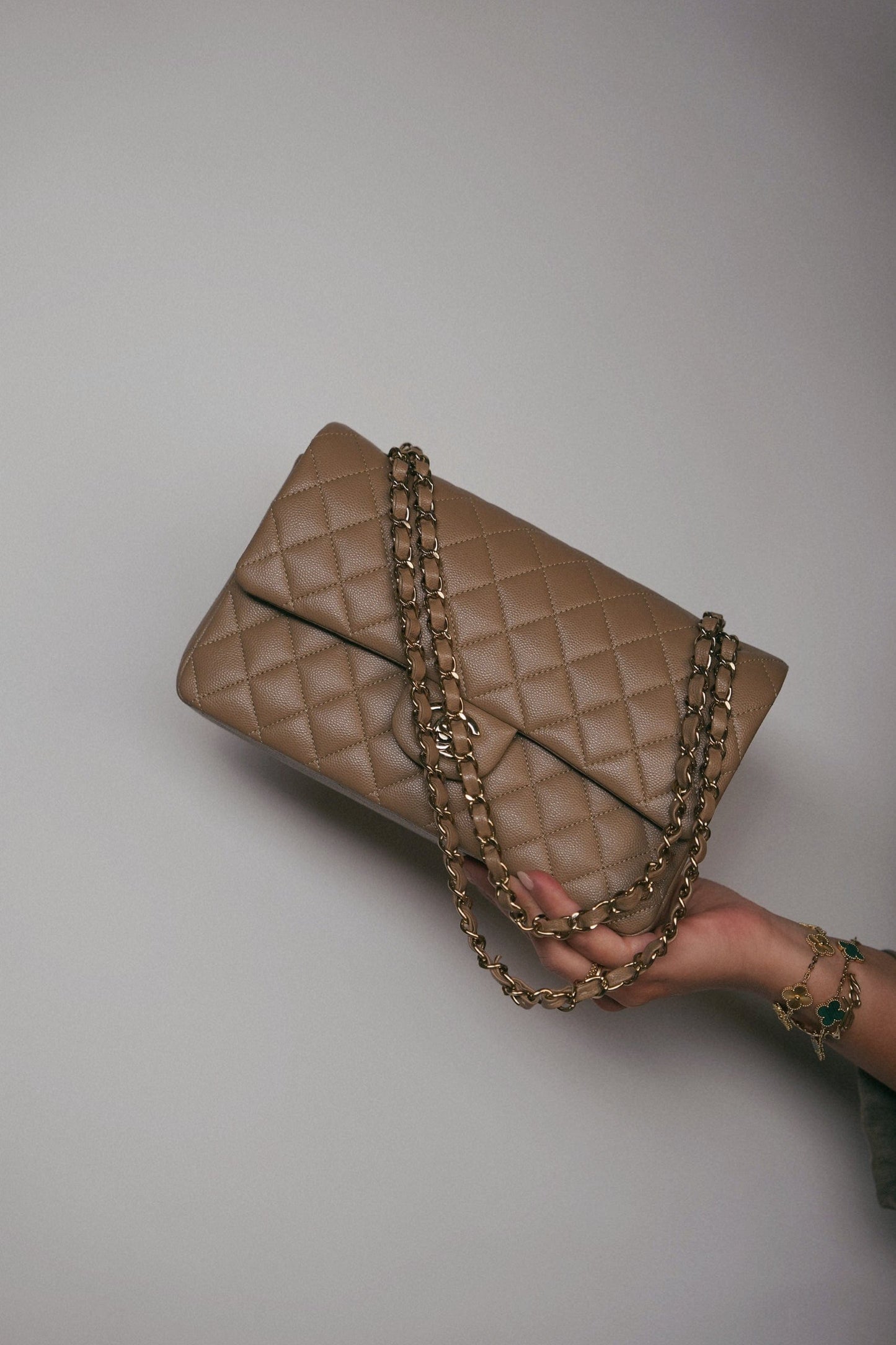 22A Dark Beige Caviar Quilted Medium Classic Flap Light Gold Hardware