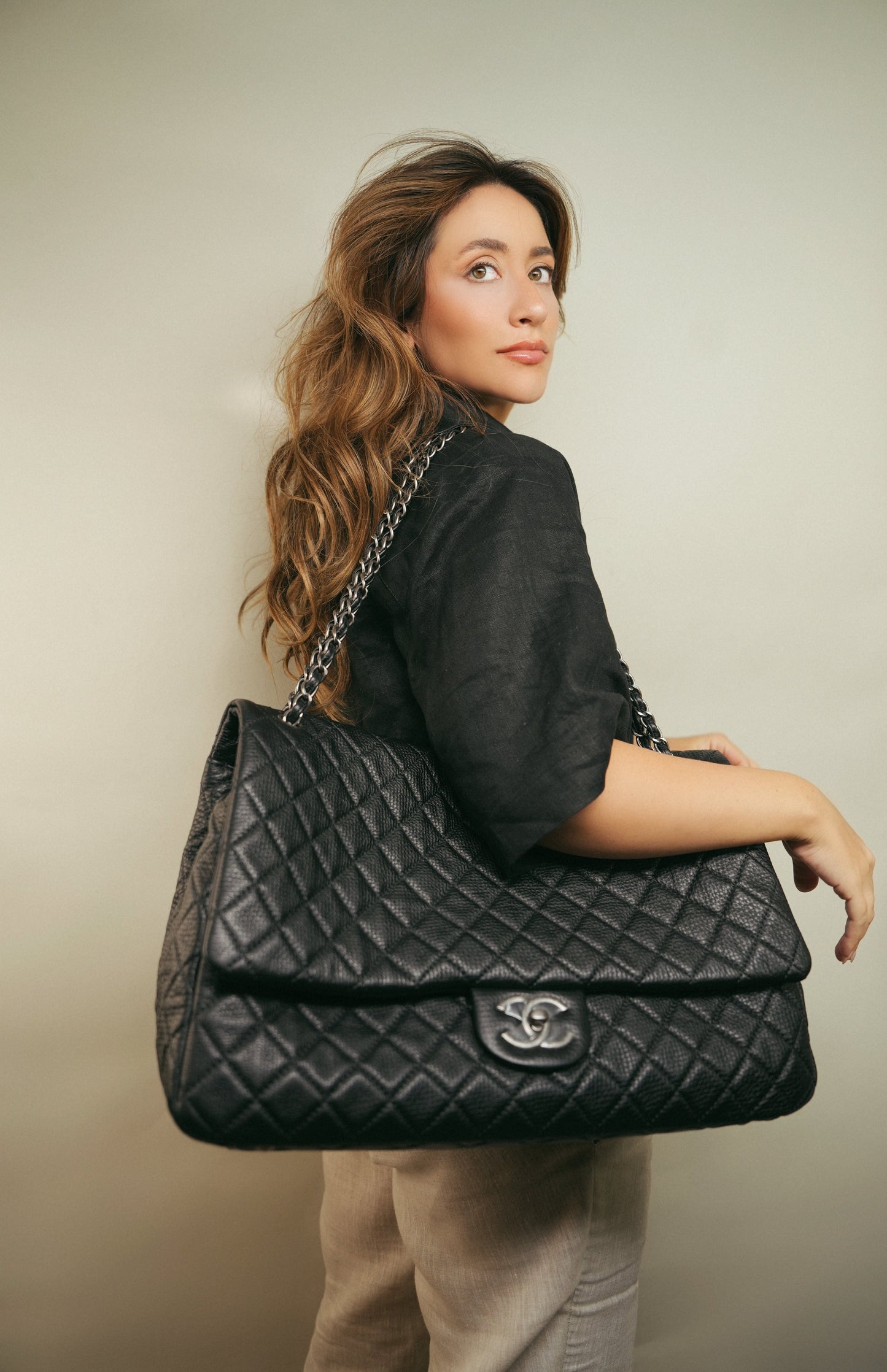 20A Black Grained Calfskin XXL Travel Flap Bag Ruthenium Hardware