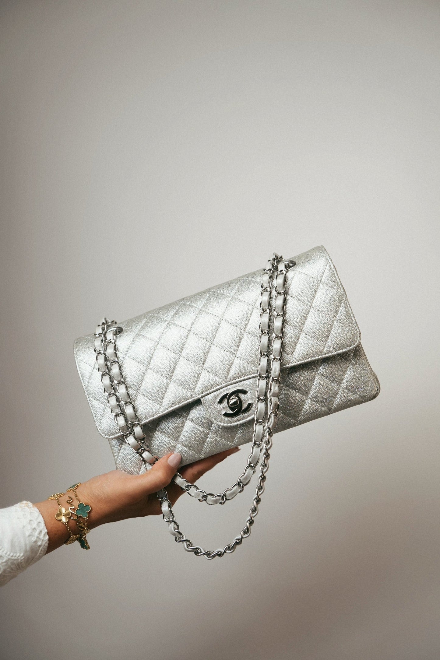 21K Silver Metallic Caviar Quilted Classic Flap Medium Silver Hardware