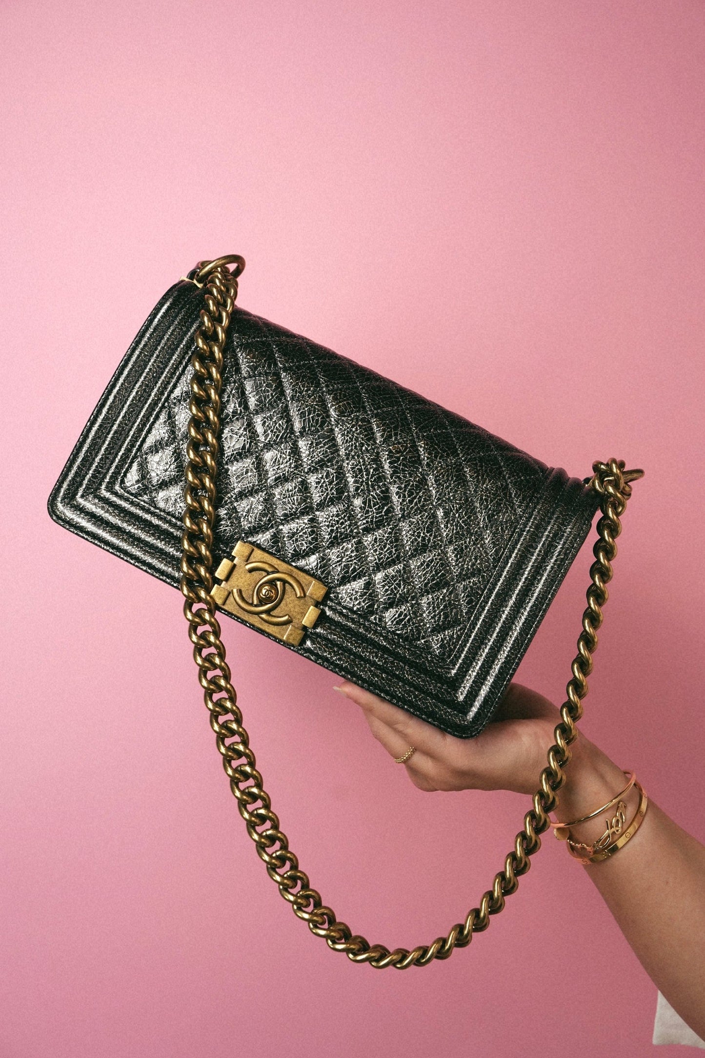 17A Black Silver Metallic Cracked Calfskin Boy Bag Old Medium Aged Bronze/Gold Hardware