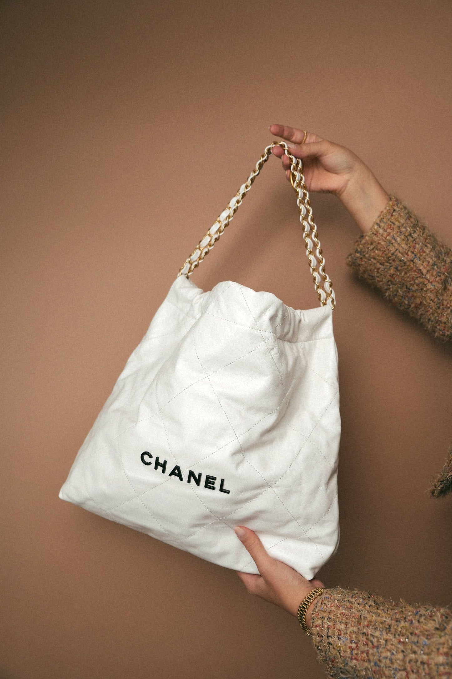 White Calfskin Quilted 22 Hobo Bag Medium Black/Aged Gold Hardware