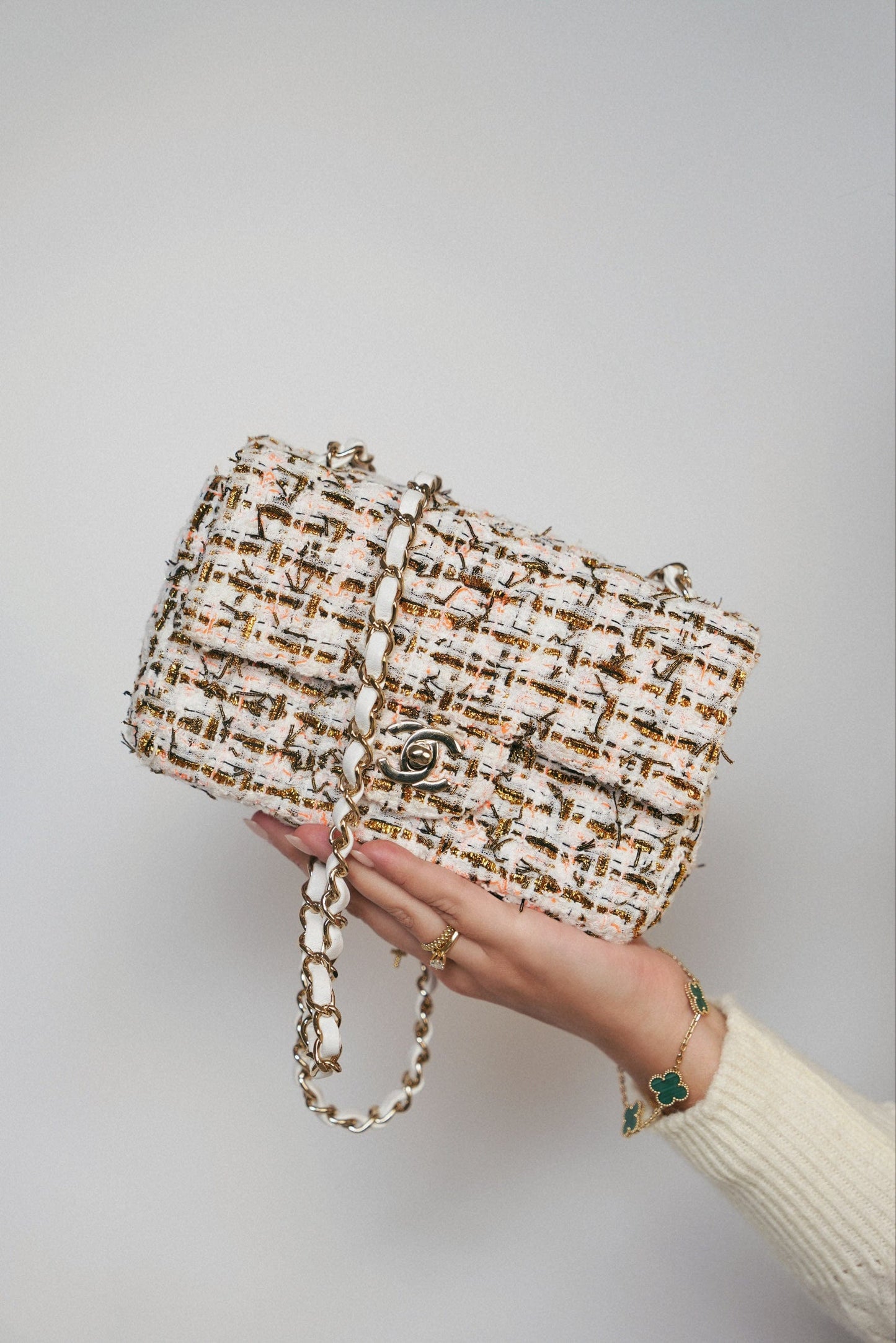 19C White/Orange/Gold Tweed Quilted Mini Rectangular Flap LGHW