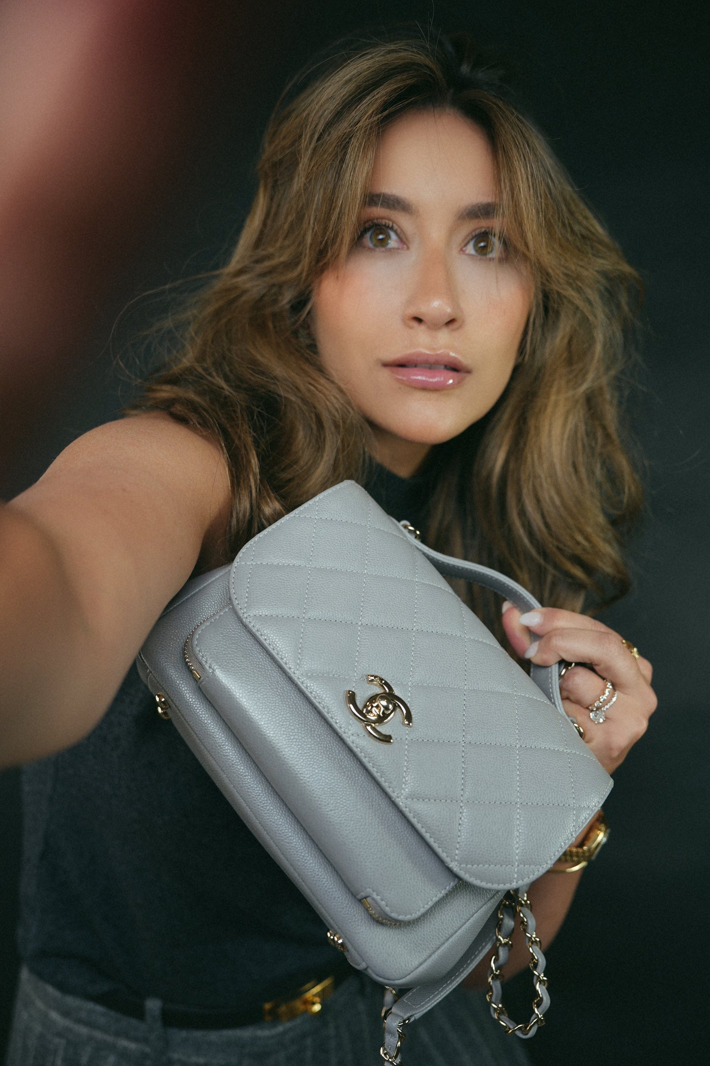 21B Grey Caviar Quilted Business Affinity Medium Flap Light Gold Hardware