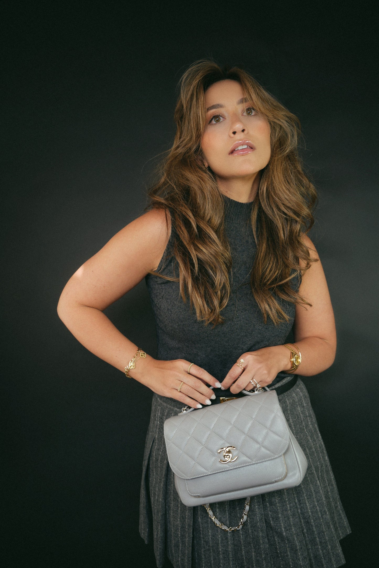 21B Grey Caviar Quilted Business Affinity Medium Flap Light Gold Hardware