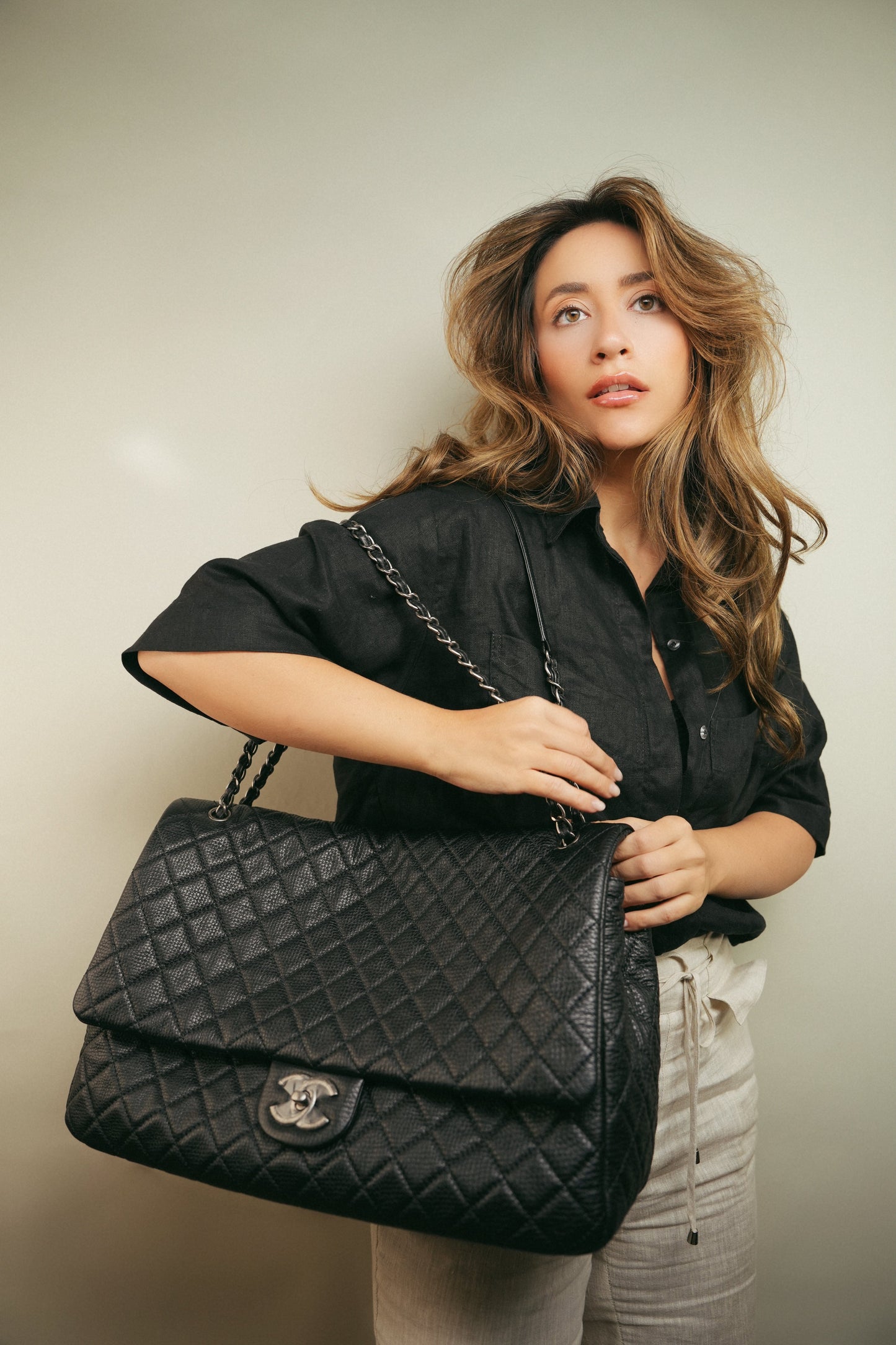 20A Black Grained Calfskin XXL Travel Flap Bag Ruthenium Hardware