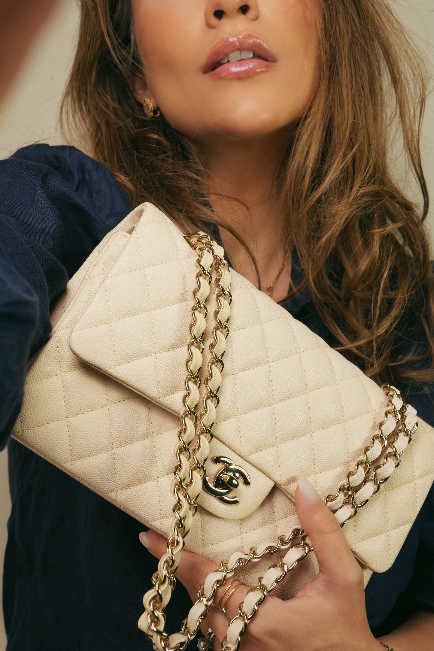 20C Beige/Ivory Caviar Quilted Classic Flap Medium LGHW