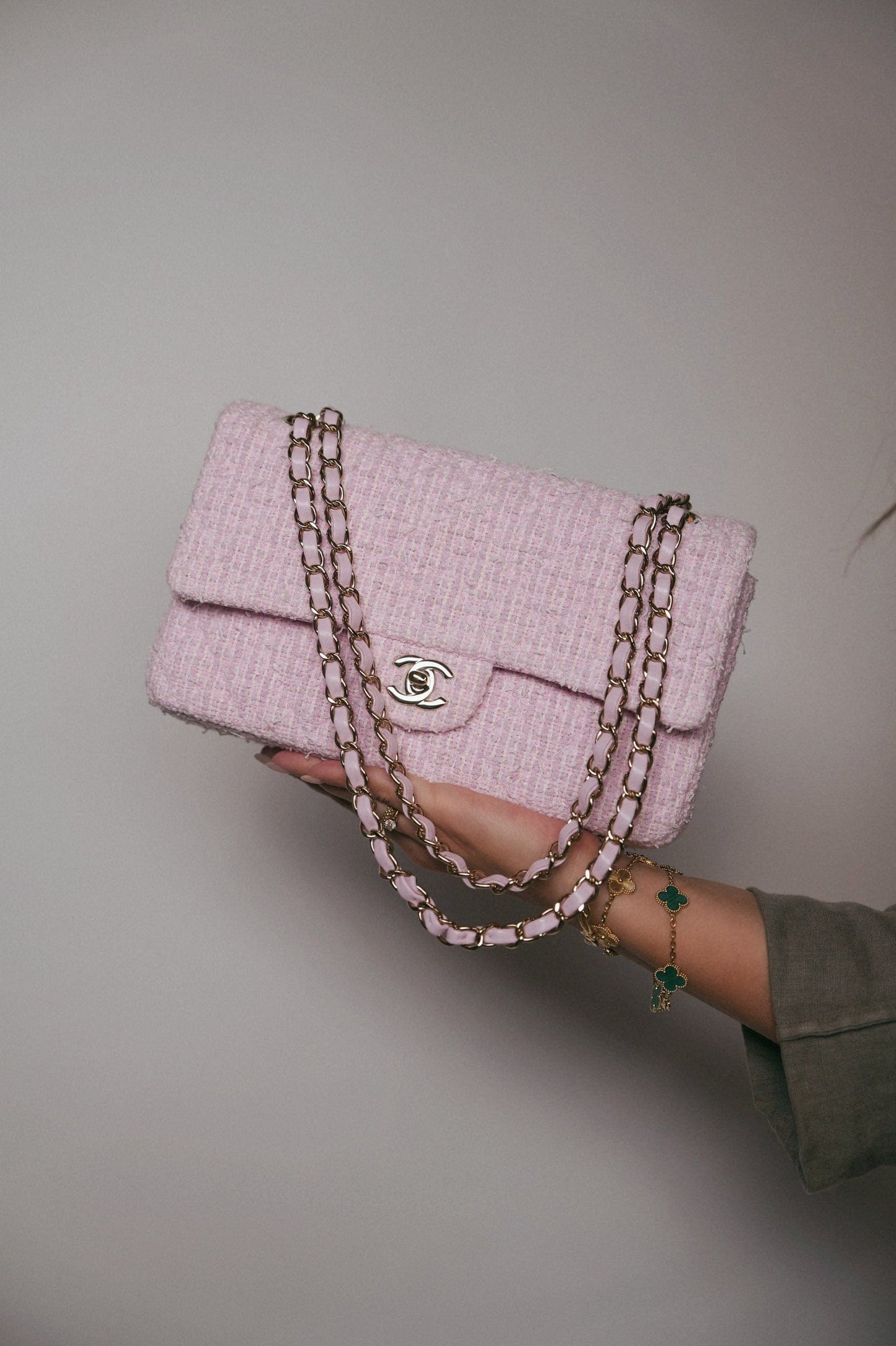 21S Pink Tweed Quilted Classic Flap Medium Light Gold Hardware