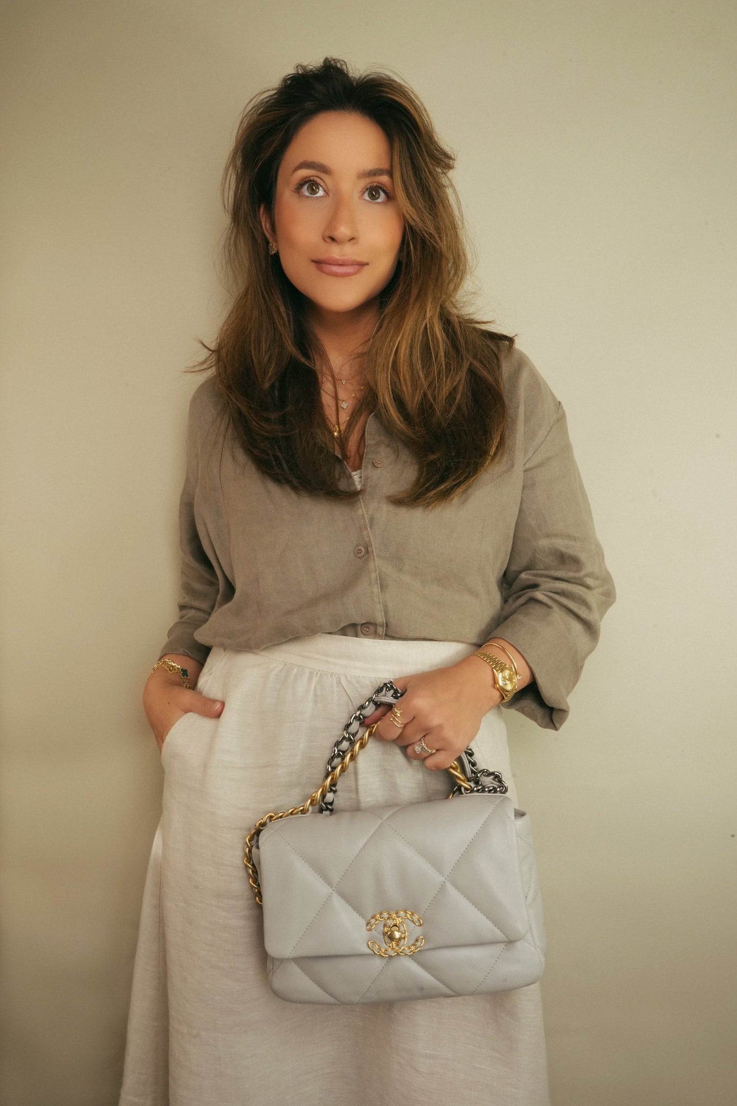 21A Light Grey Lambskin Quilted 19 Flap Small Mixed Hardware