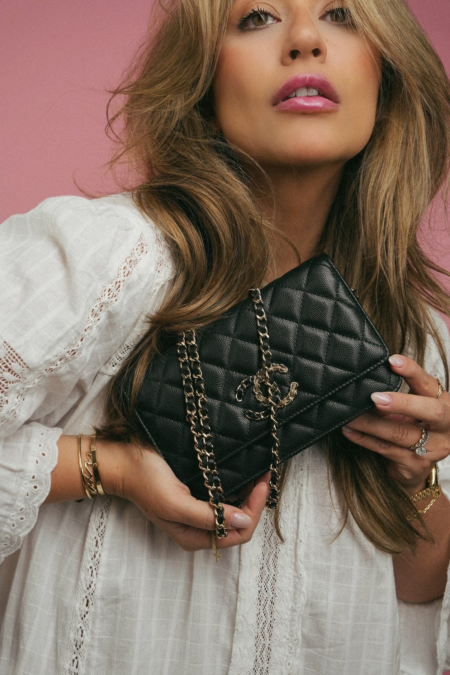 20K Black Caviar Quilted Wallet on Chain French New Wave Chain CC WOC Light Gold hardware