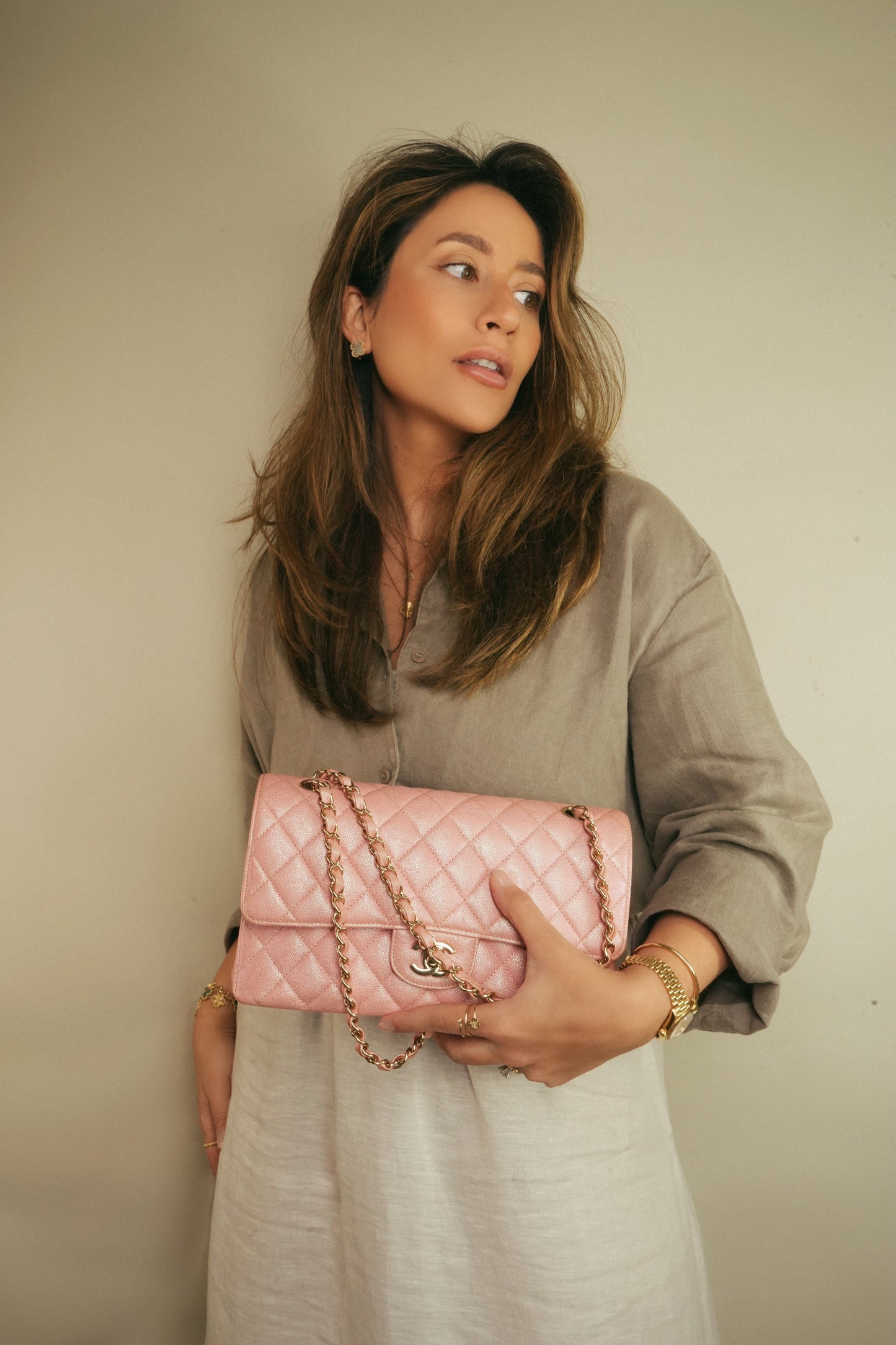 19S Iridescent Pink Caviar Quilted Classic Flap Medium LGHW