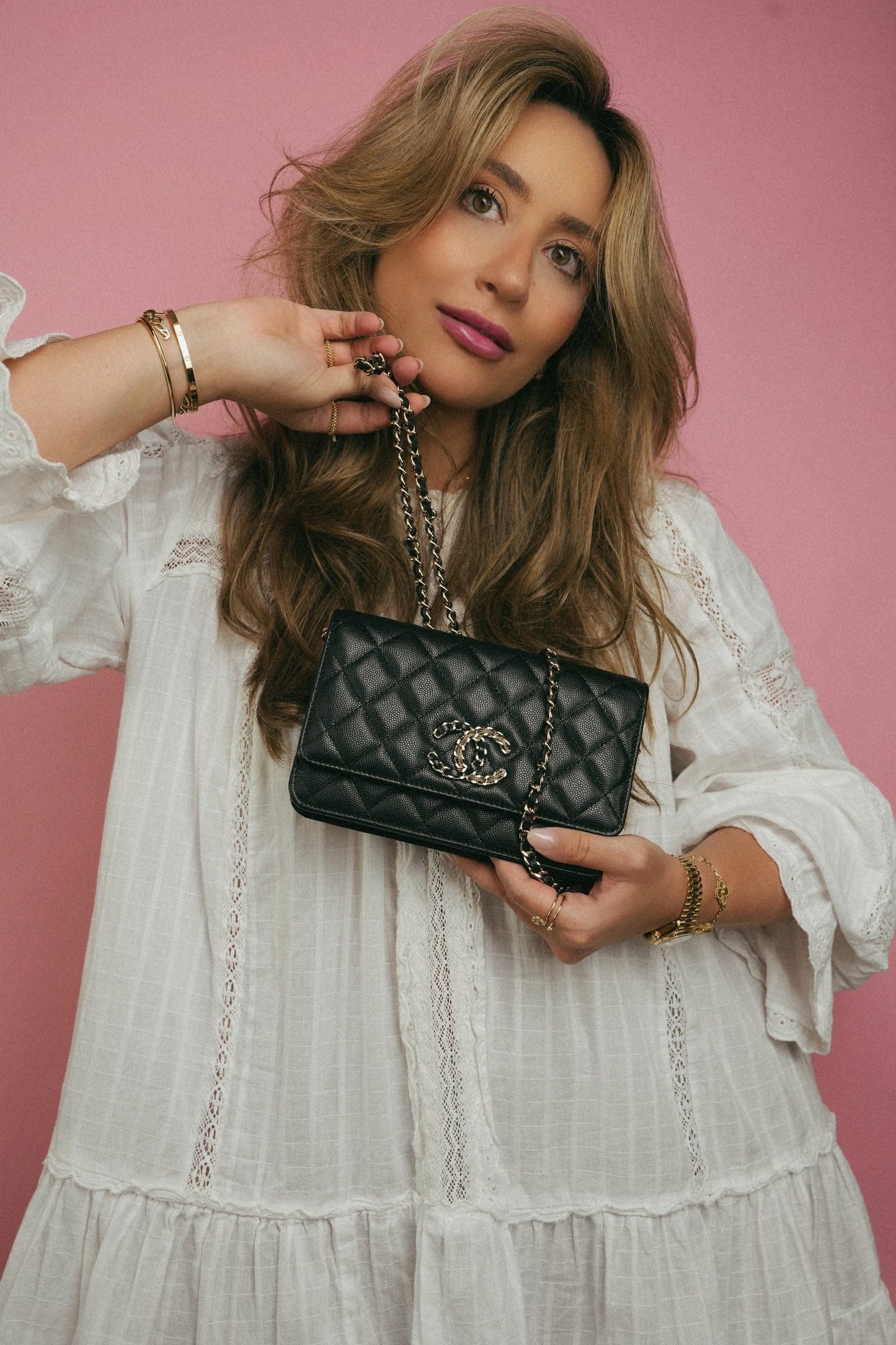 20K Black Caviar Quilted Wallet on Chain French New Wave Chain CC WOC Light Gold hardware