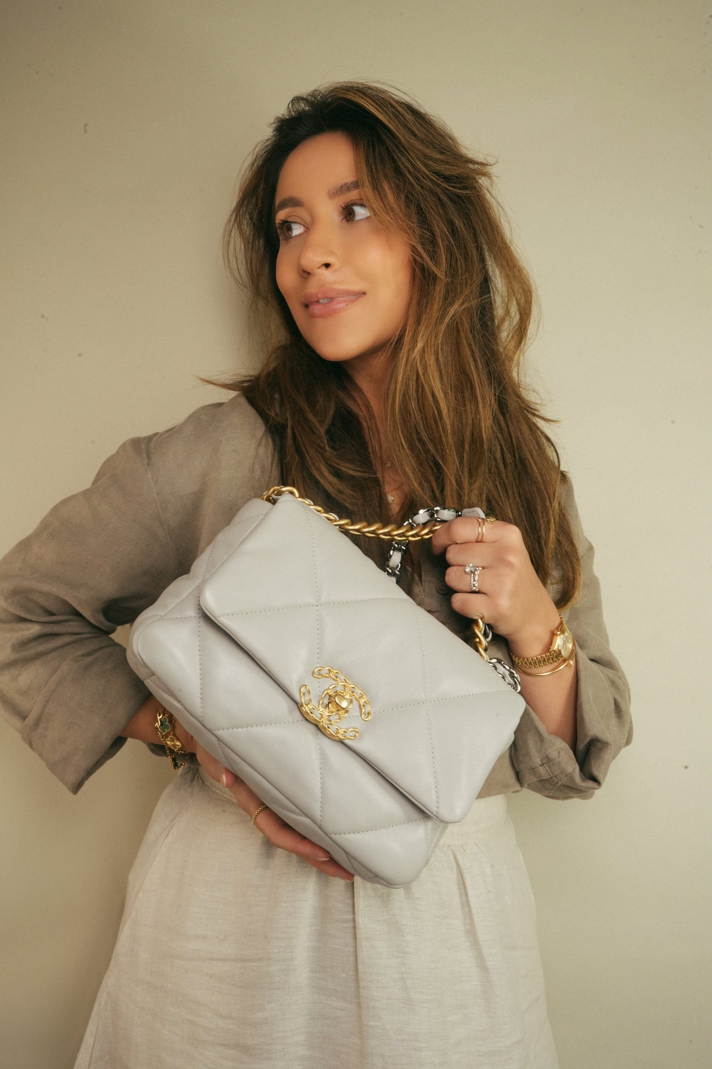 21A Light Grey Lambskin Quilted 19 Flap Small Mixed Hardware