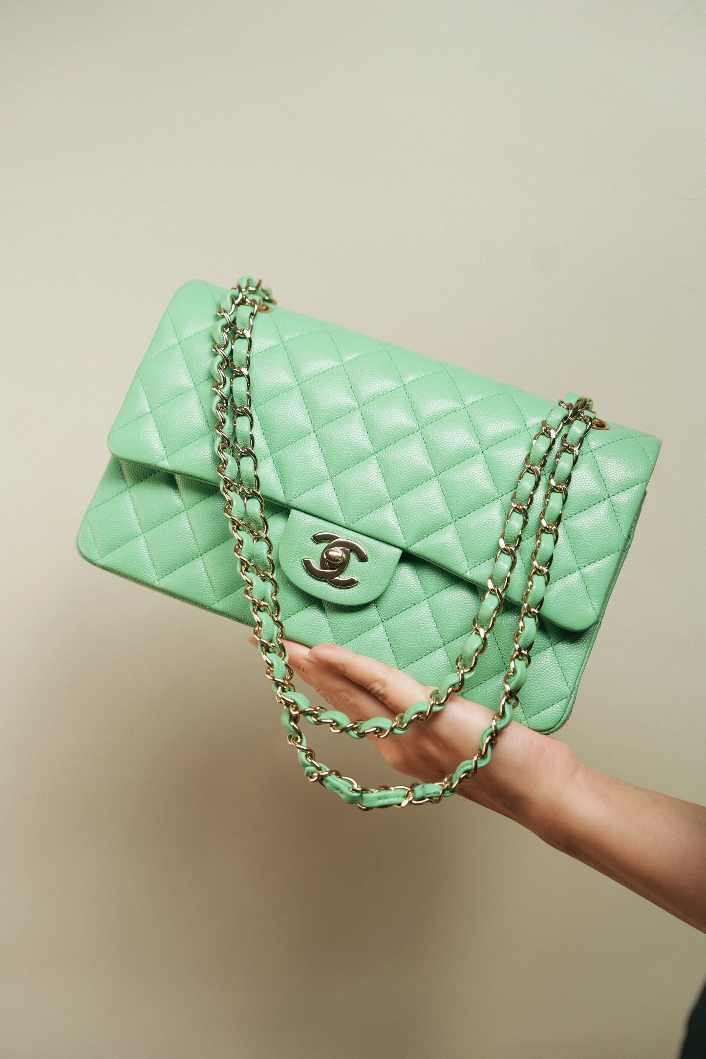 21P Green Caviar Quilted Classic Flap Medium LGHW