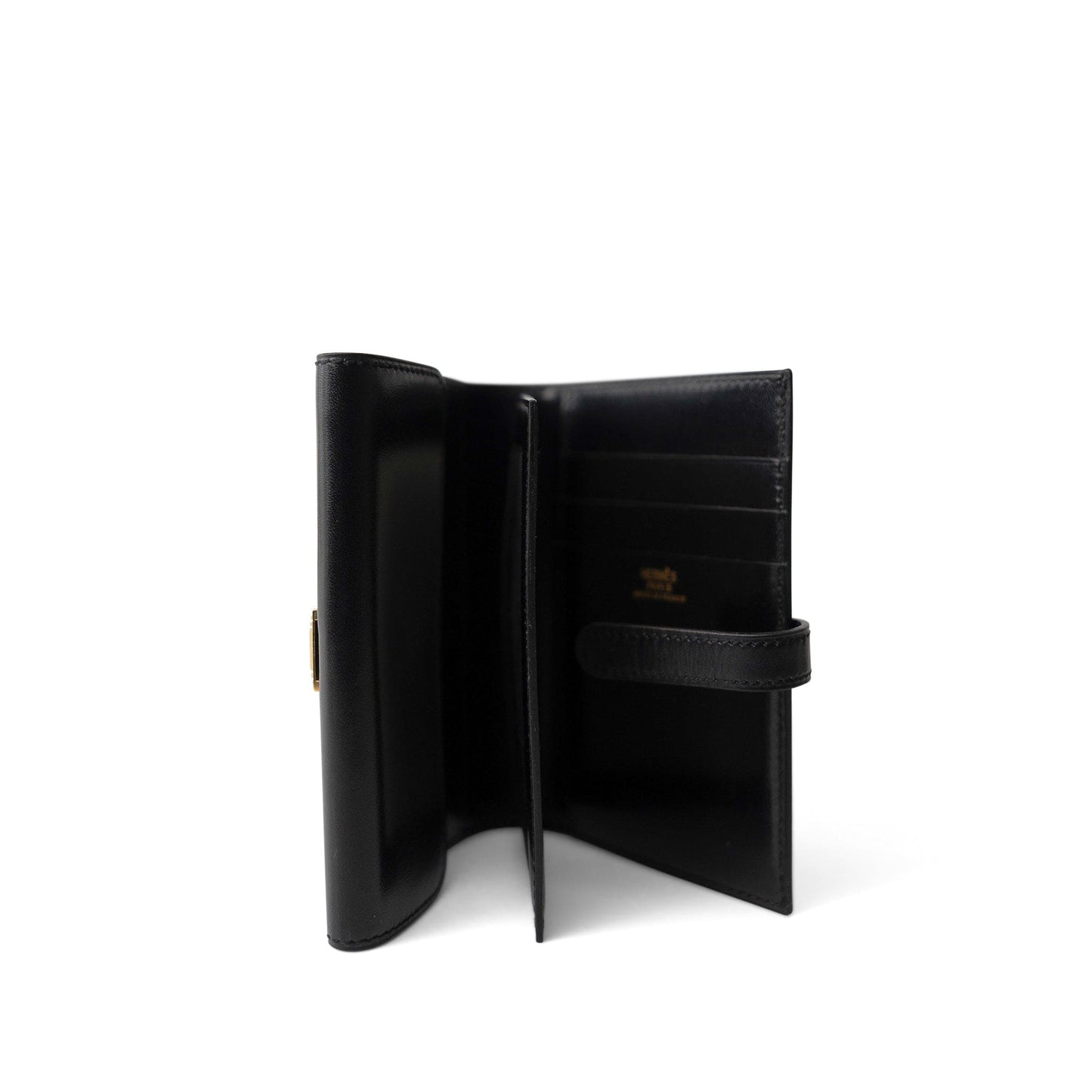 Vintage Kelly 28 Black Box Calfskin Gold Plated X Circle Stamp w/ Wallet