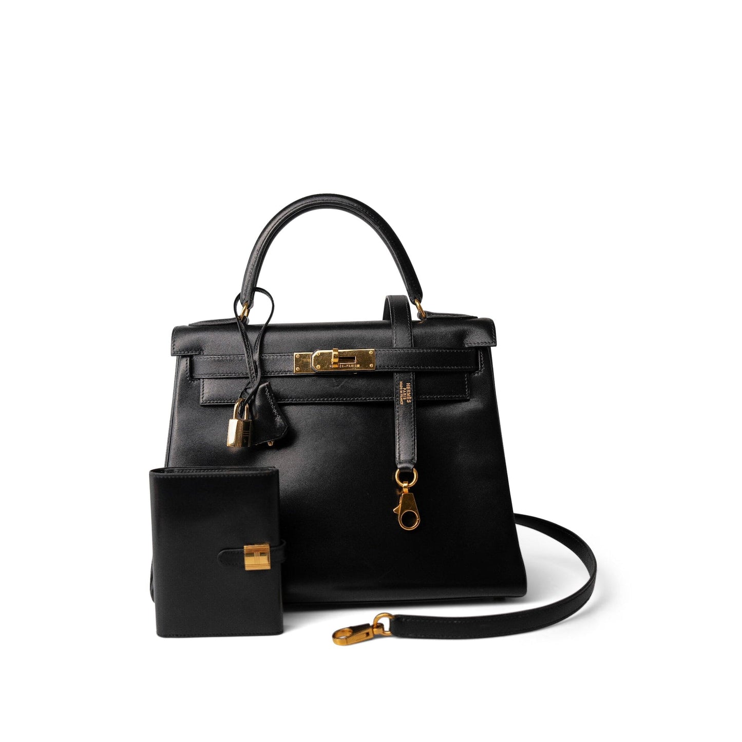 Vintage Kelly 28 Black Box Calfskin Gold Plated X Circle Stamp w/ Wallet