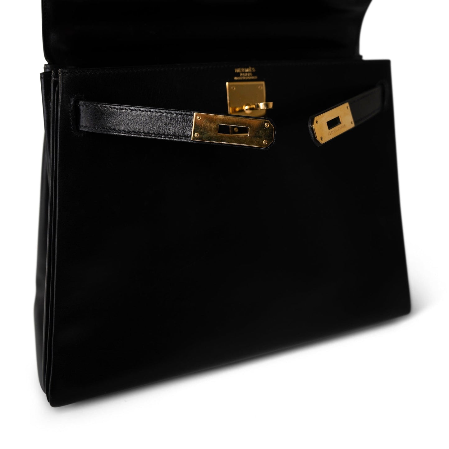 Vintage Kelly 28 Black Box Calfskin Gold Plated X Circle Stamp w/ Wallet