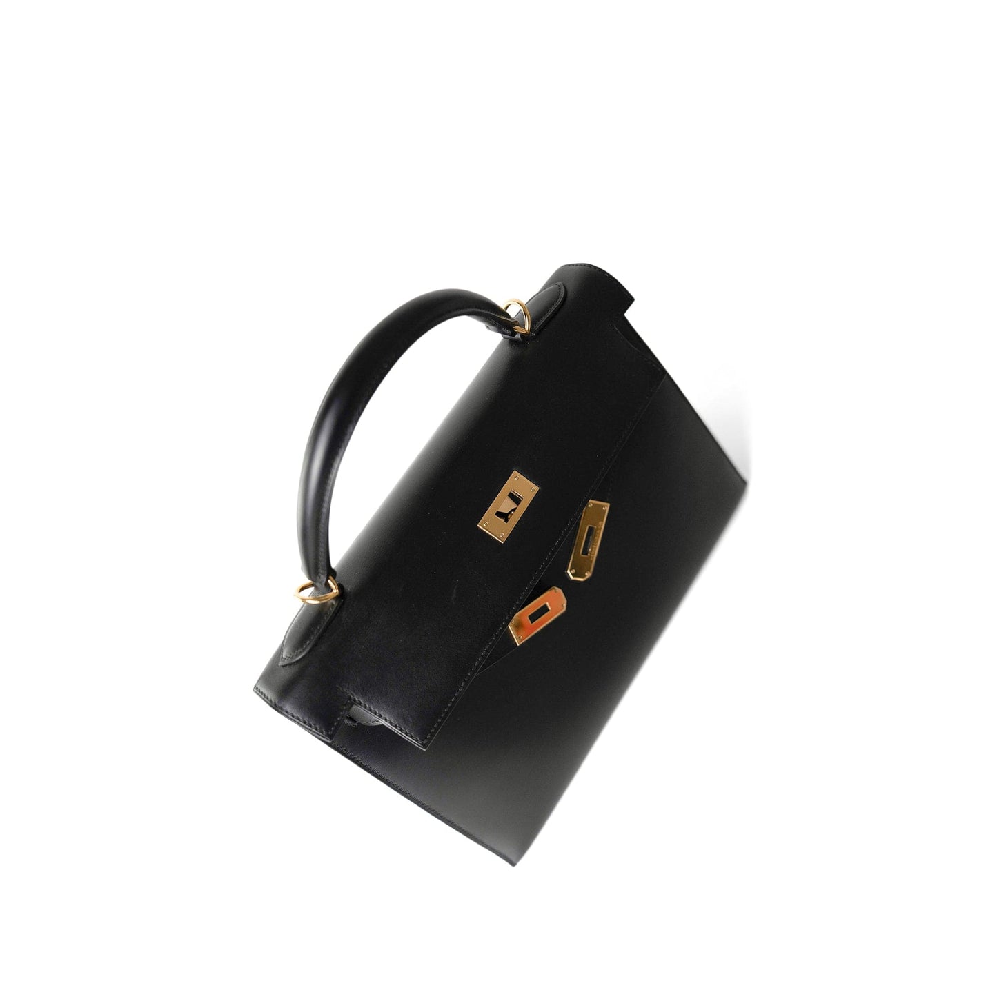 Vintage Kelly Sellier 28 Black Box Calfskin Gold Plated R Circle Stamp